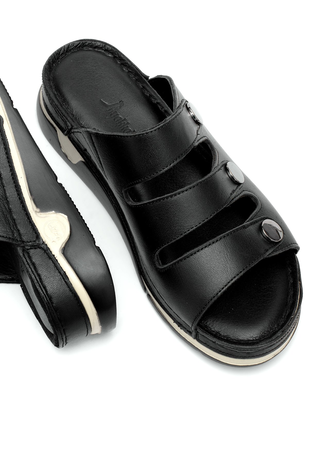 Elit RhmM-15 Kadın Hakiki Deri Ortopedik Düz Terlik Siyah - Görsel 6