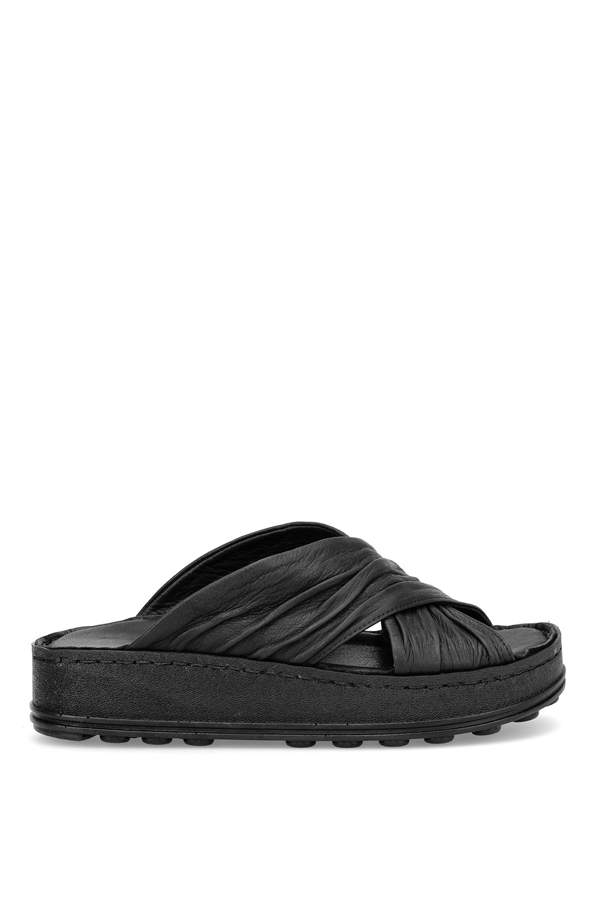 D25YT-1430 Kadın Hakiki Deri Düz Terlik Siyah - Görsel 2