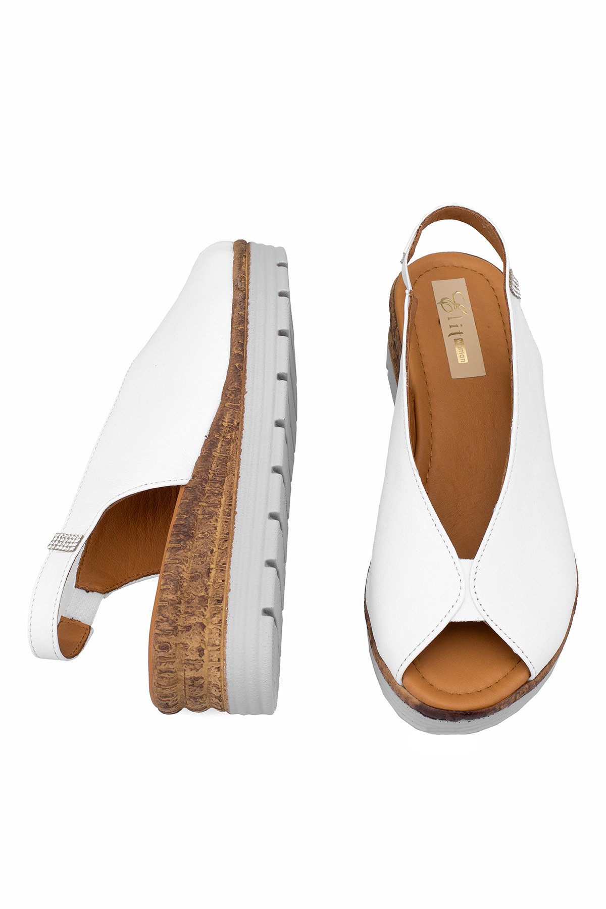 Elit Zeyn8094 Kadın Hakiki Deri Ortopedik Dolgu Topuk Sandalet Beyaz - Görsel 5