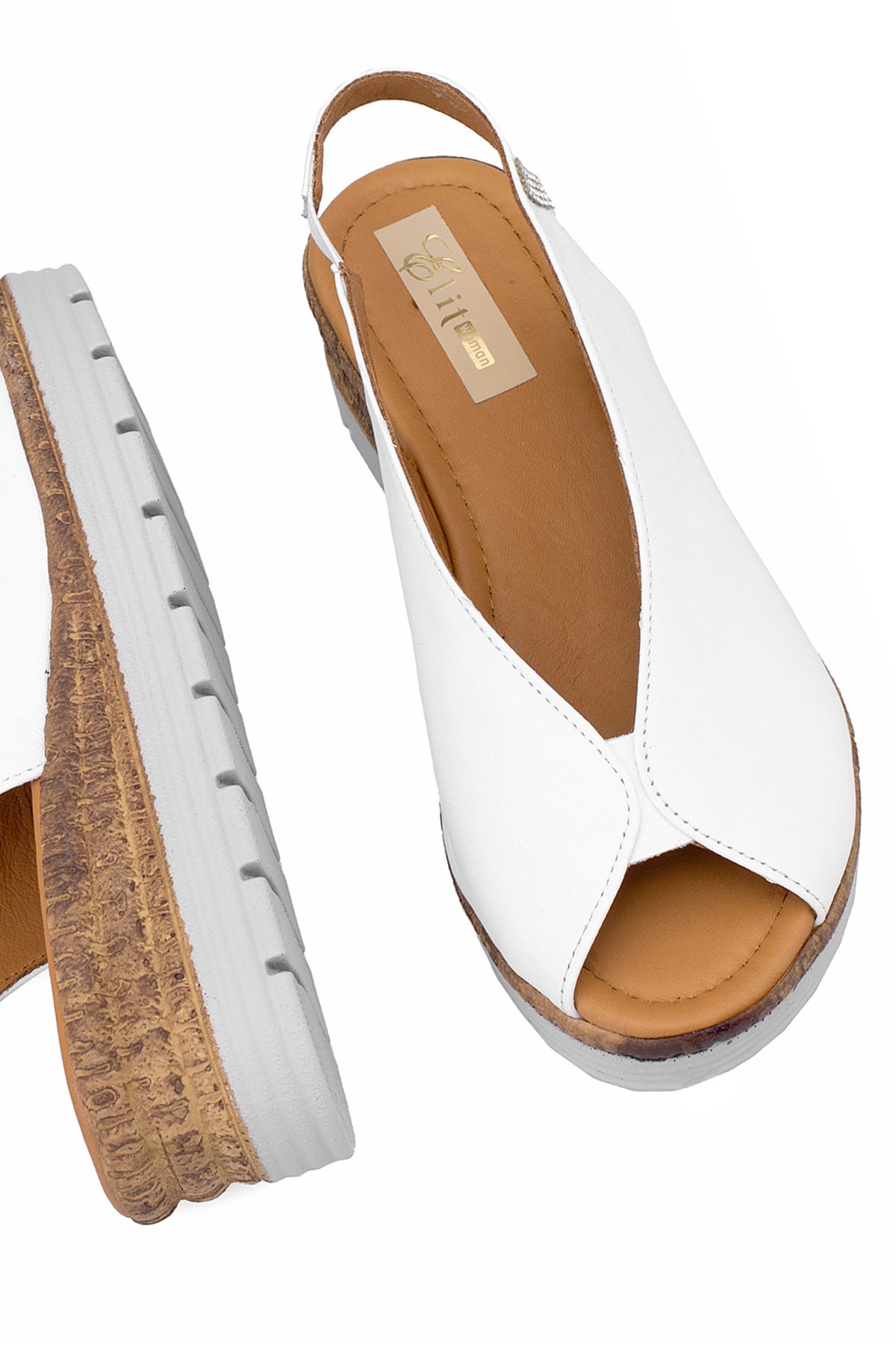 Elit Zeyn8094 Kadın Hakiki Deri Ortopedik Dolgu Topuk Sandalet Beyaz - Görsel 6