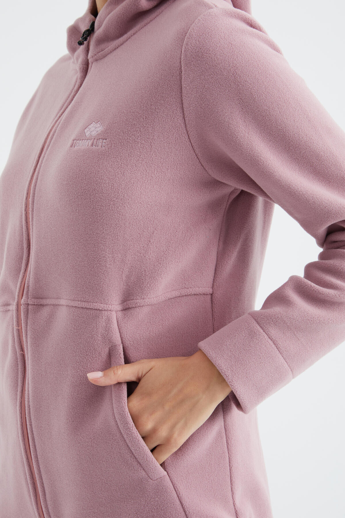 Gül Kurusu Kapüşonlu Fermuarlı Rahat Form Kadın Polar Sweatshirt