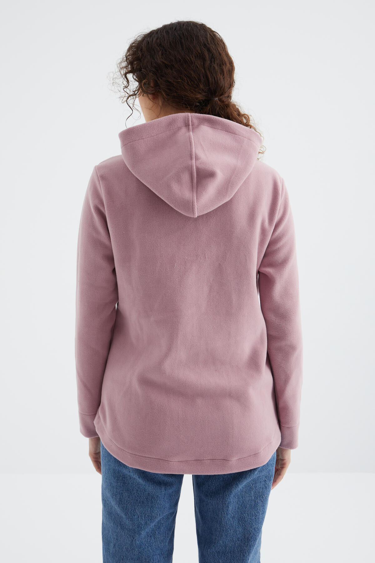 Gül Kurusu Kapüşonlu Fermuarlı Rahat Form Kadın Polar Sweatshirt