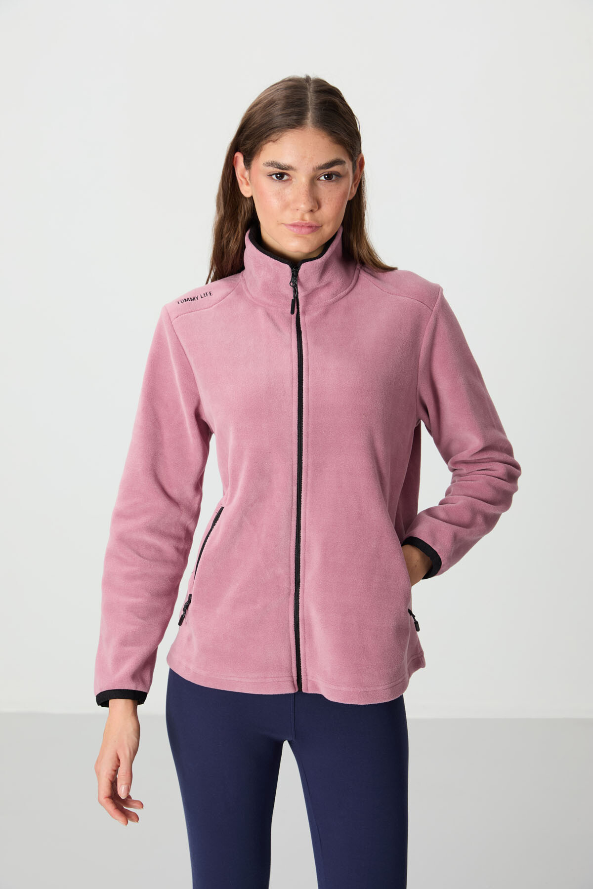 TOMMYLIFE Gül Kurusu Dik Yaka Fermuarlı Rahat Form Kadın Polar Sweatshirt - 97173