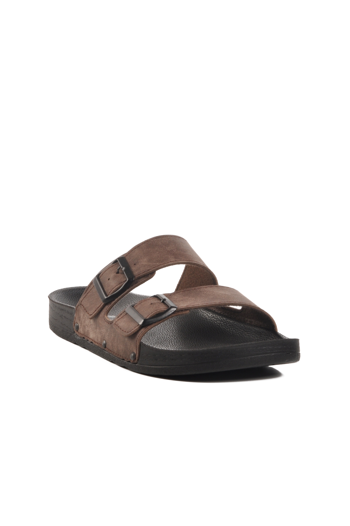 Kahve Çift Bantlı Hafif Deri Erkek Terlik - Görsel 4