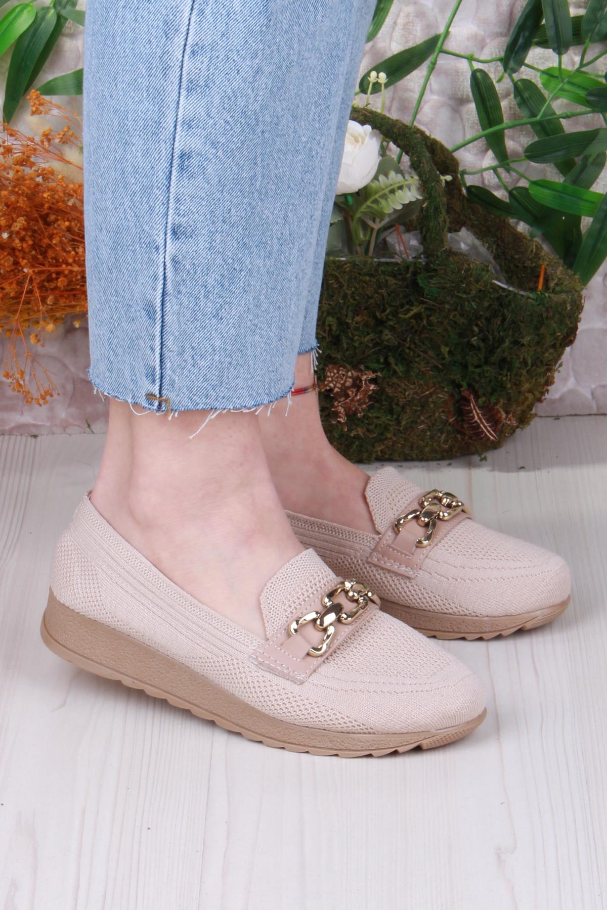 7460 Triko Toka Zincir Detaylı Şık Rahat Kadın Babet - Görsel 2