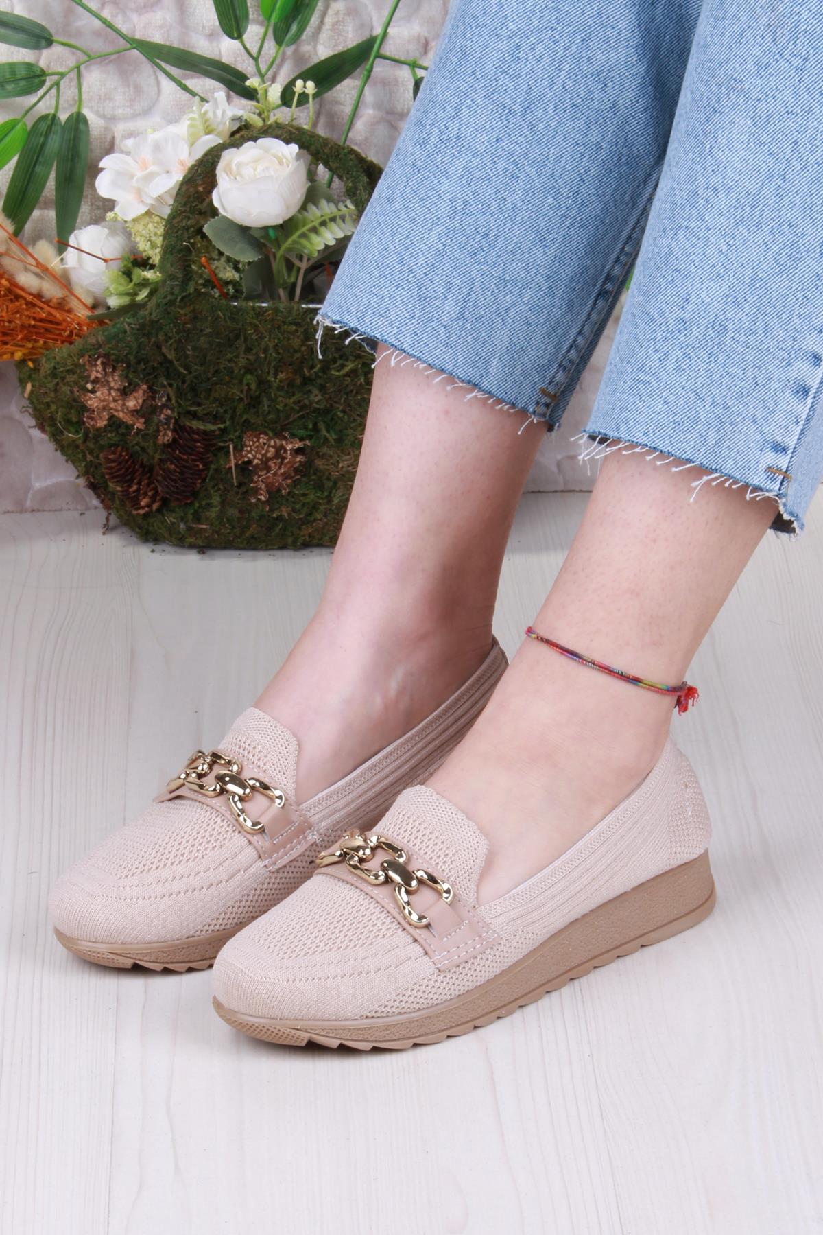 7460 Triko Toka Zincir Detaylı Şık Rahat Kadın Babet - Görsel 3