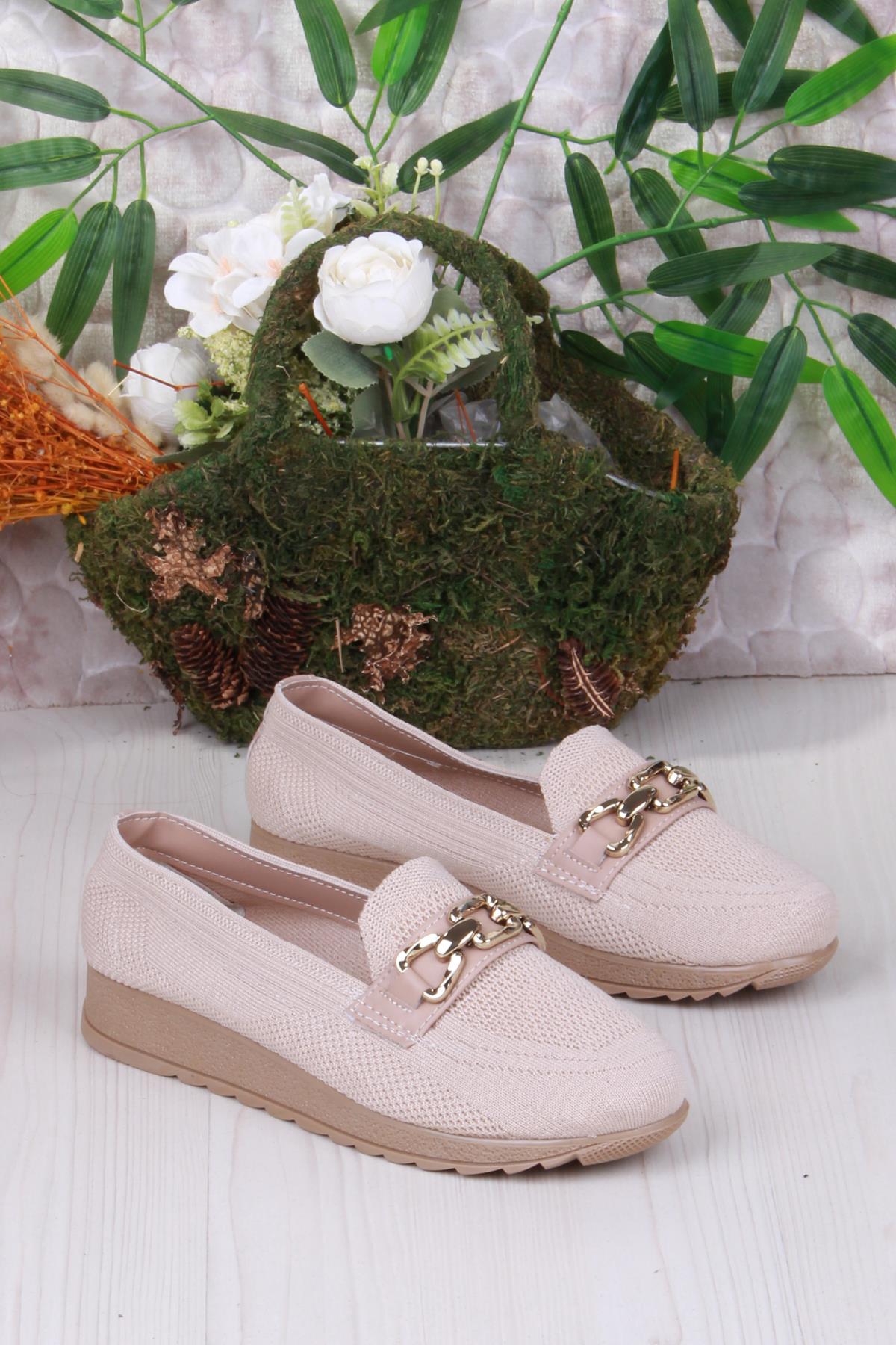 7460 Triko Toka Zincir Detaylı Şık Rahat Kadın Babet - Görsel 4