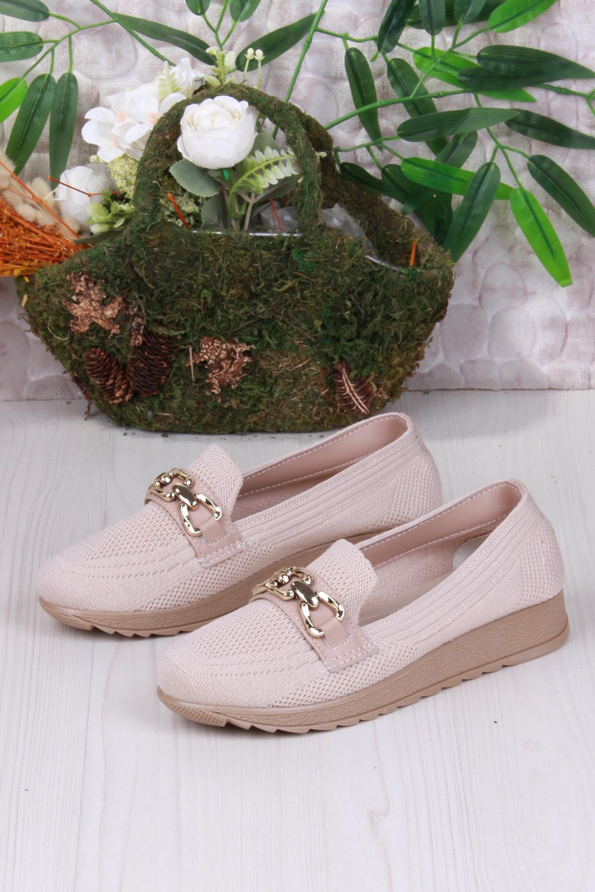 7460 Triko Toka Zincir Detaylı Şık Rahat Kadın Babet - Görsel 5