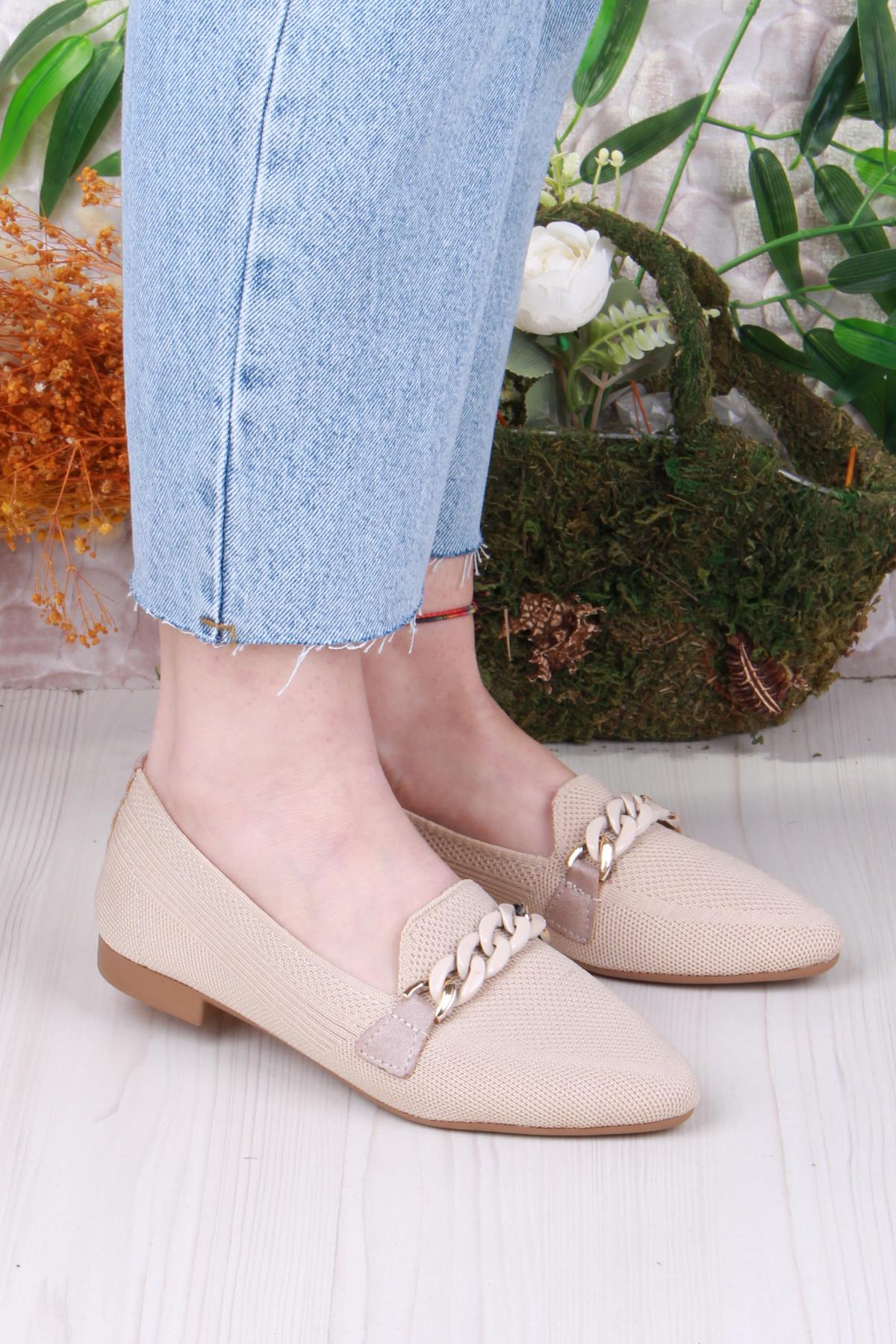 8562 Triko Zincir Toka Detaylı Şık Rahat Kadın Babet - Görsel 2