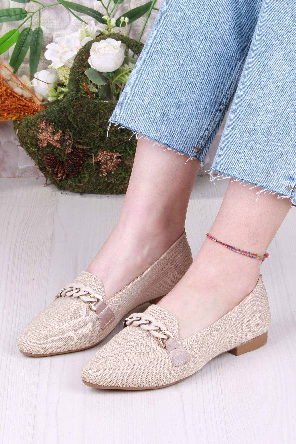 8562 Triko Zincir Toka Detaylı Şık Rahat Kadın Babet - Görsel 3