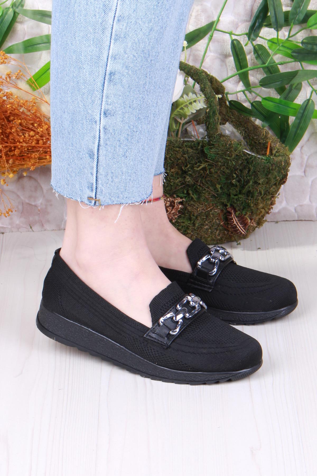 7460 Triko Toka Zincir Detaylı Şık Rahat Kadın Babet - Görsel 2