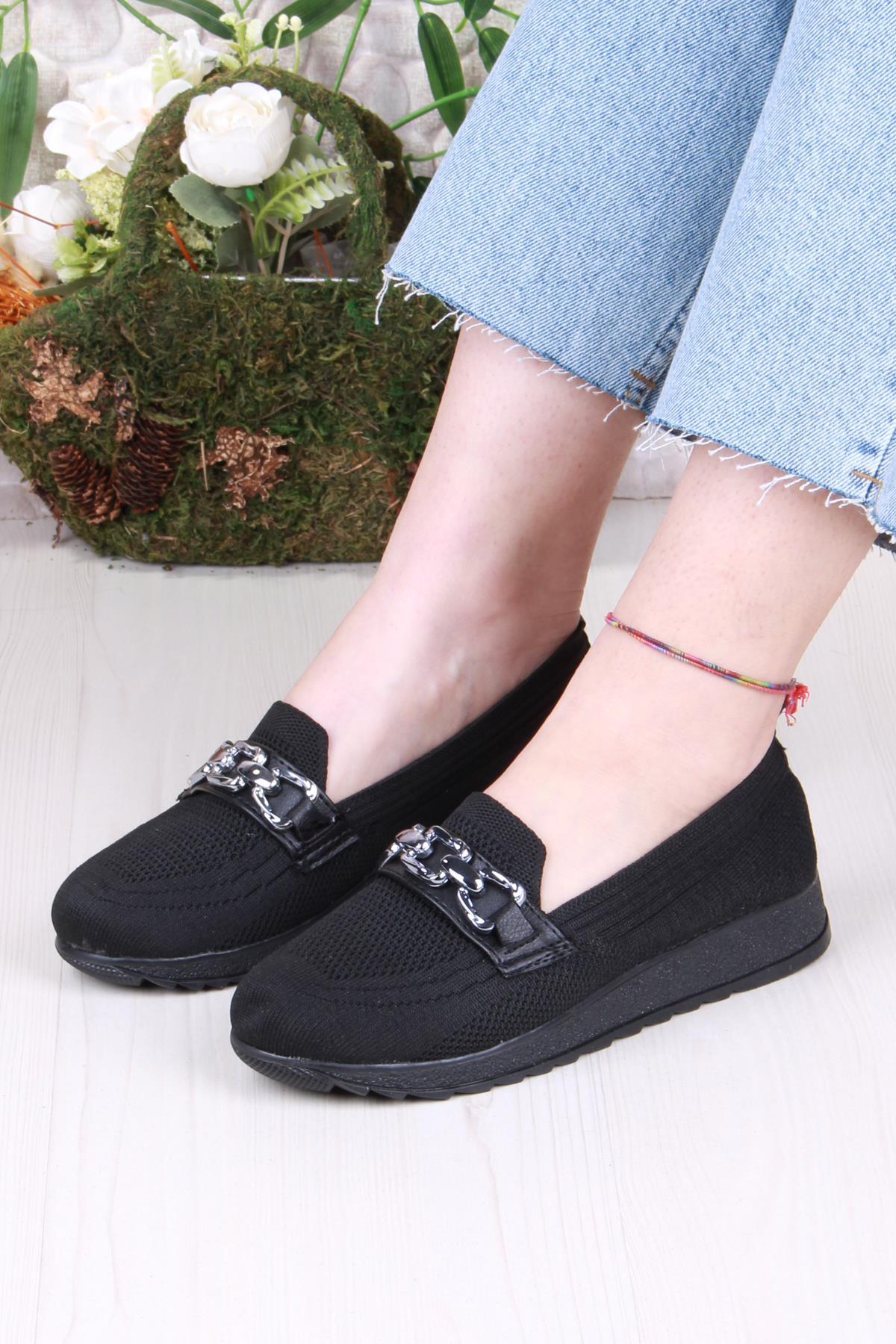 7460 Triko Toka Zincir Detaylı Şık Rahat Kadın Babet - Görsel 3