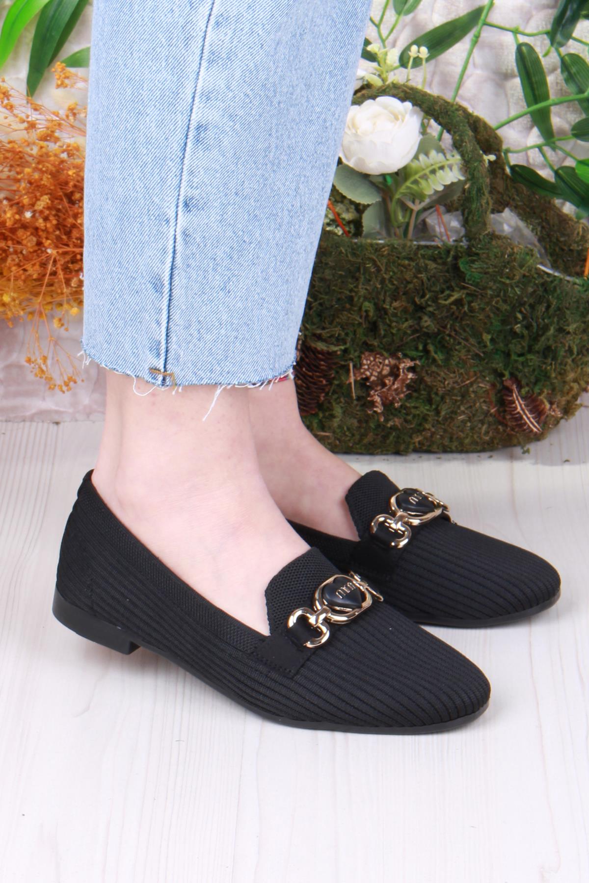 8570 Triko Zincir Toka Detaylı Şık Rahat Kadın Babet - Görsel 2