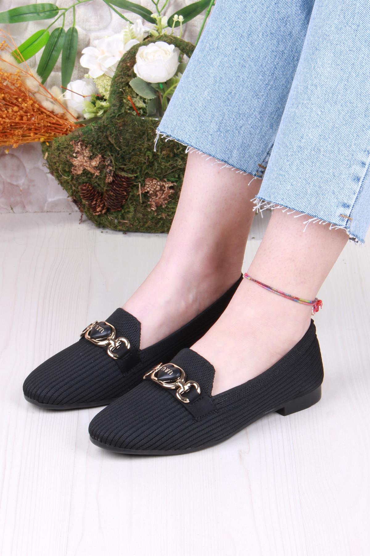 8570 Triko Zincir Toka Detaylı Şık Rahat Kadın Babet - Görsel 3