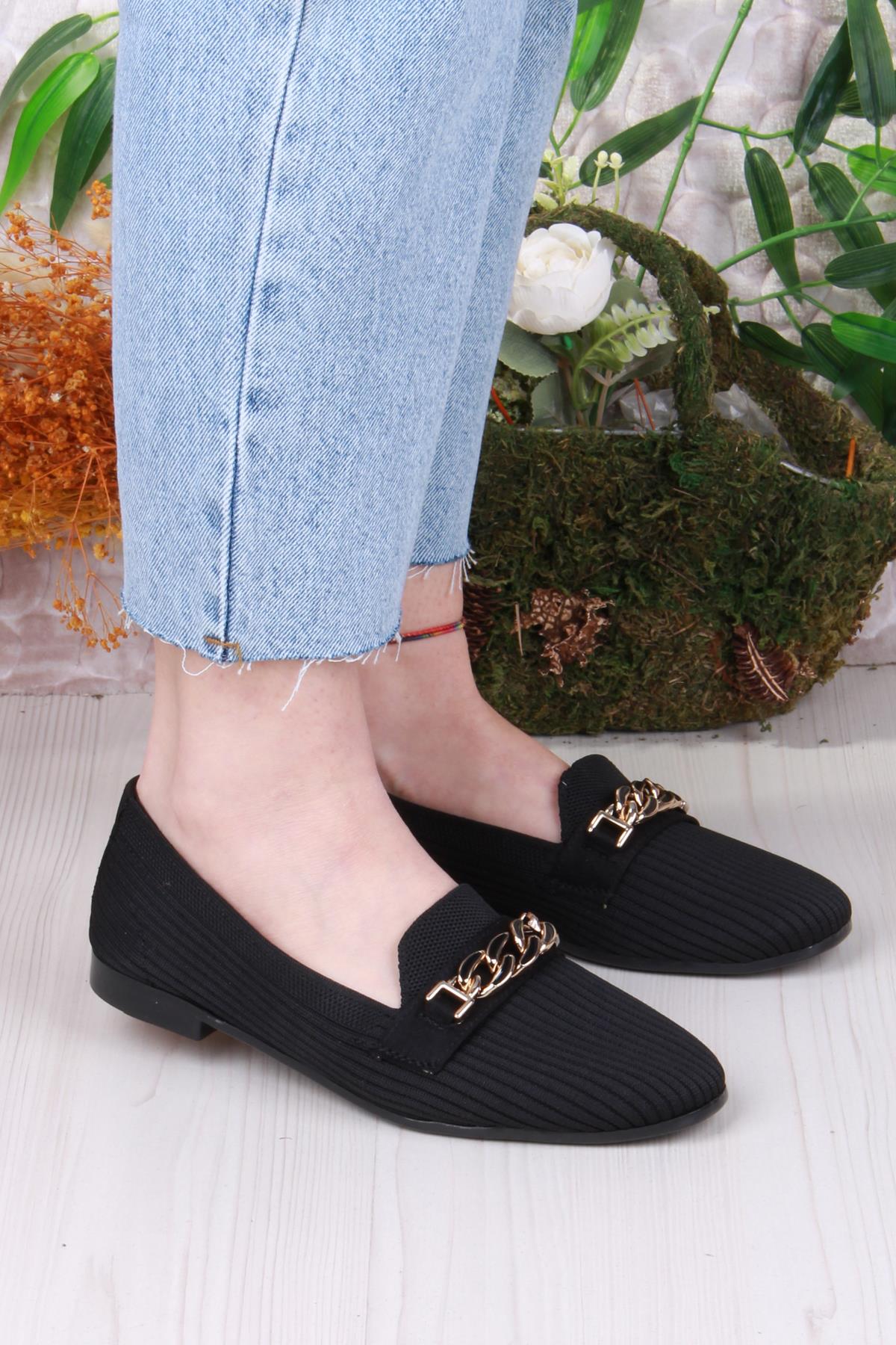 8569 Triko Zincir Toka Detaylı Şık Rahat Kadın Babet - Görsel 2