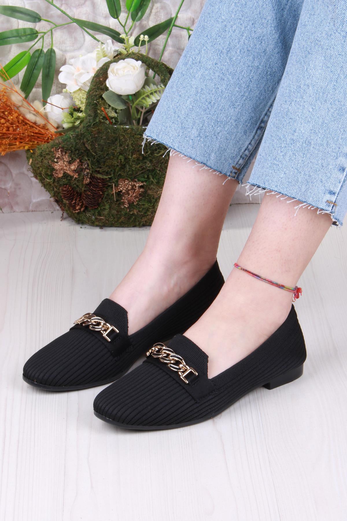 8569 Triko Zincir Toka Detaylı Şık Rahat Kadın Babet - Görsel 3