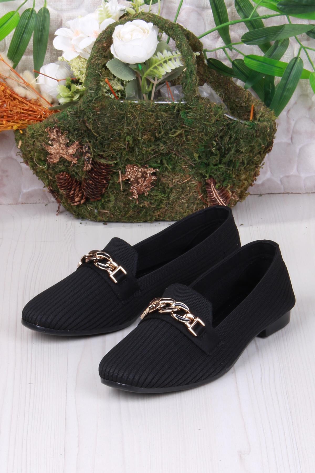 8569 Triko Zincir Toka Detaylı Şık Rahat Kadın Babet - Görsel 5