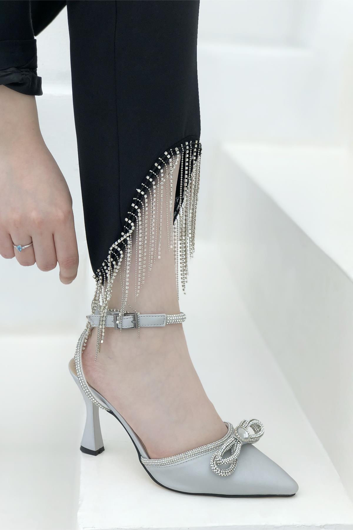 Arkası Açık Bilekten Bağlamalı Saten Taşlı Stiletto - Görsel 5