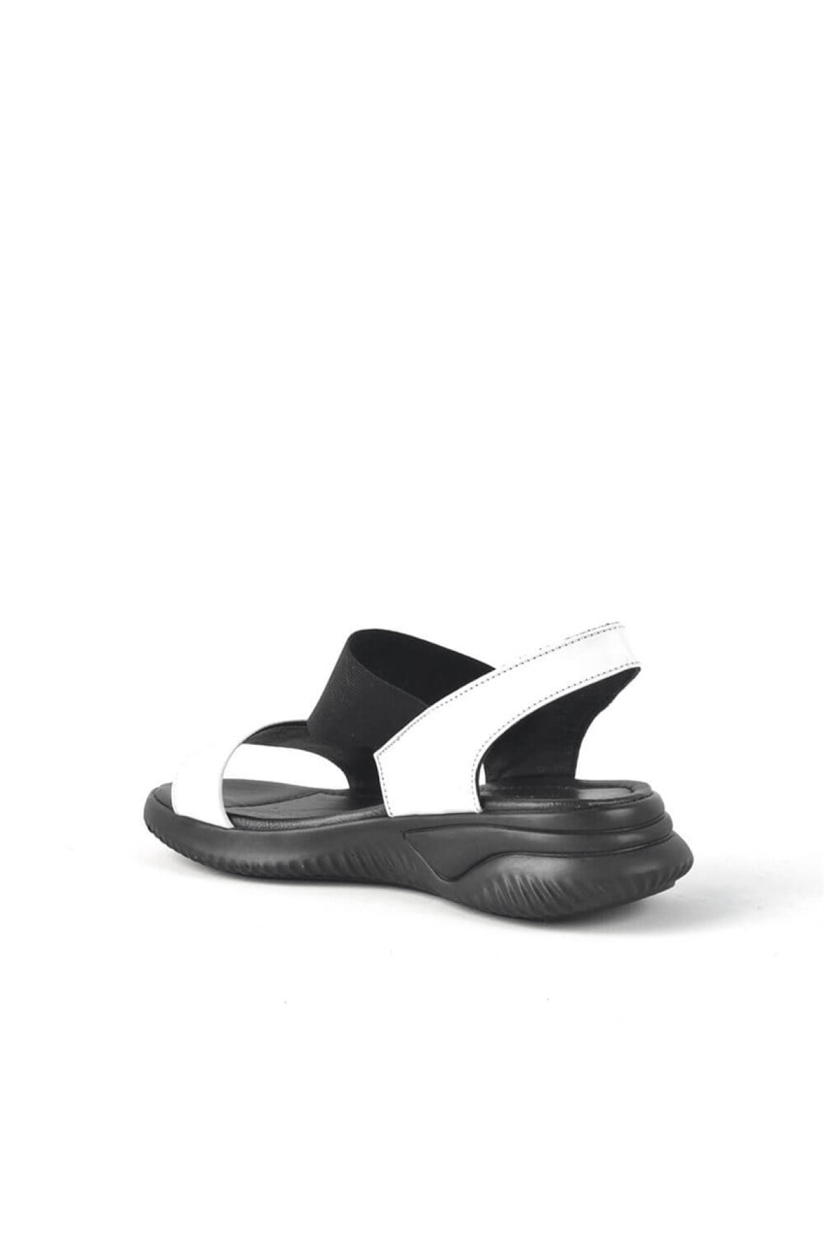 Hakiki Deri Siyah Beyaz Lastikli Kalın Taban Kadın Sandalet - Görsel 4