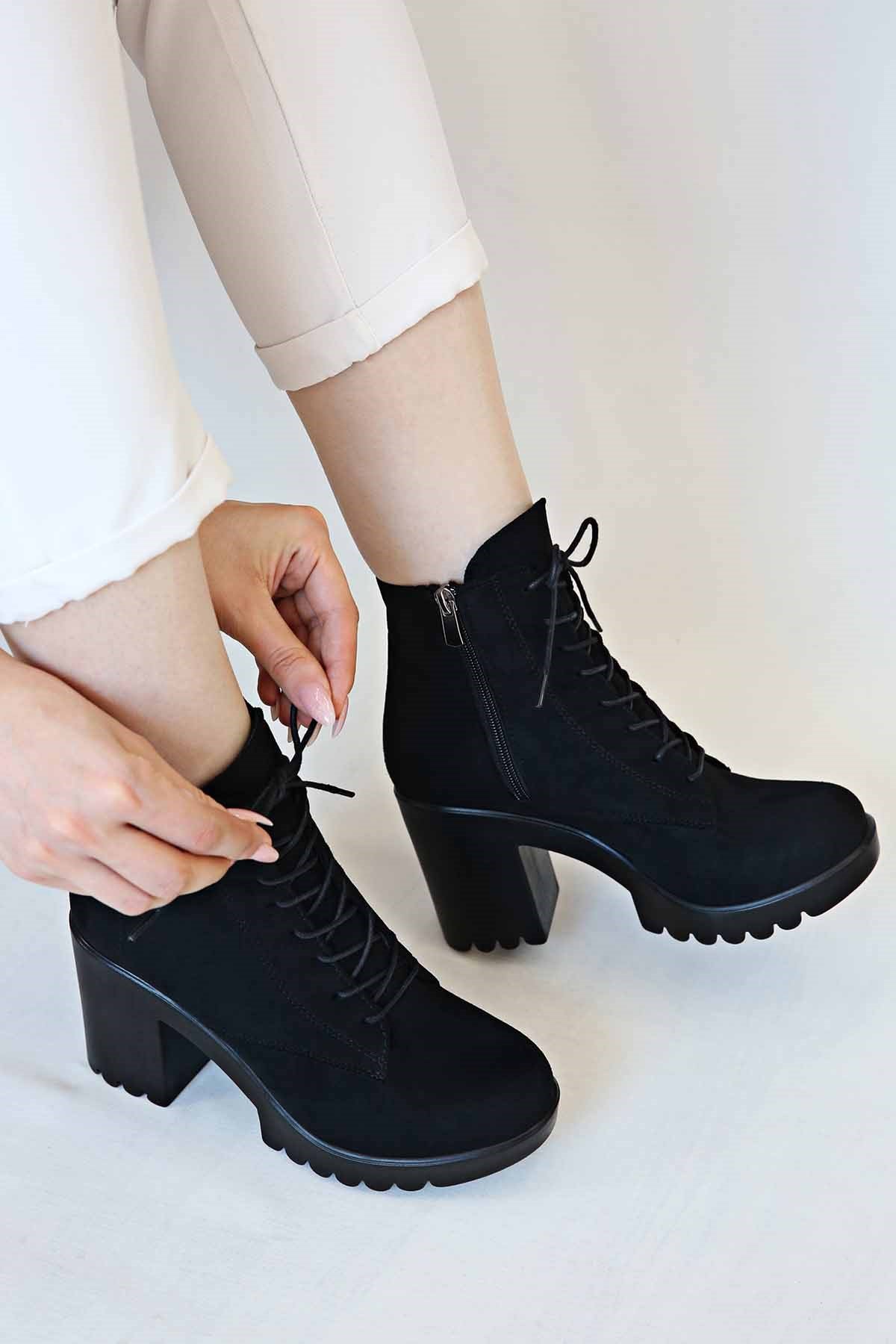 Bağcıklı Kadın Topuklu Bot SİYAH SÜET - Görsel 3