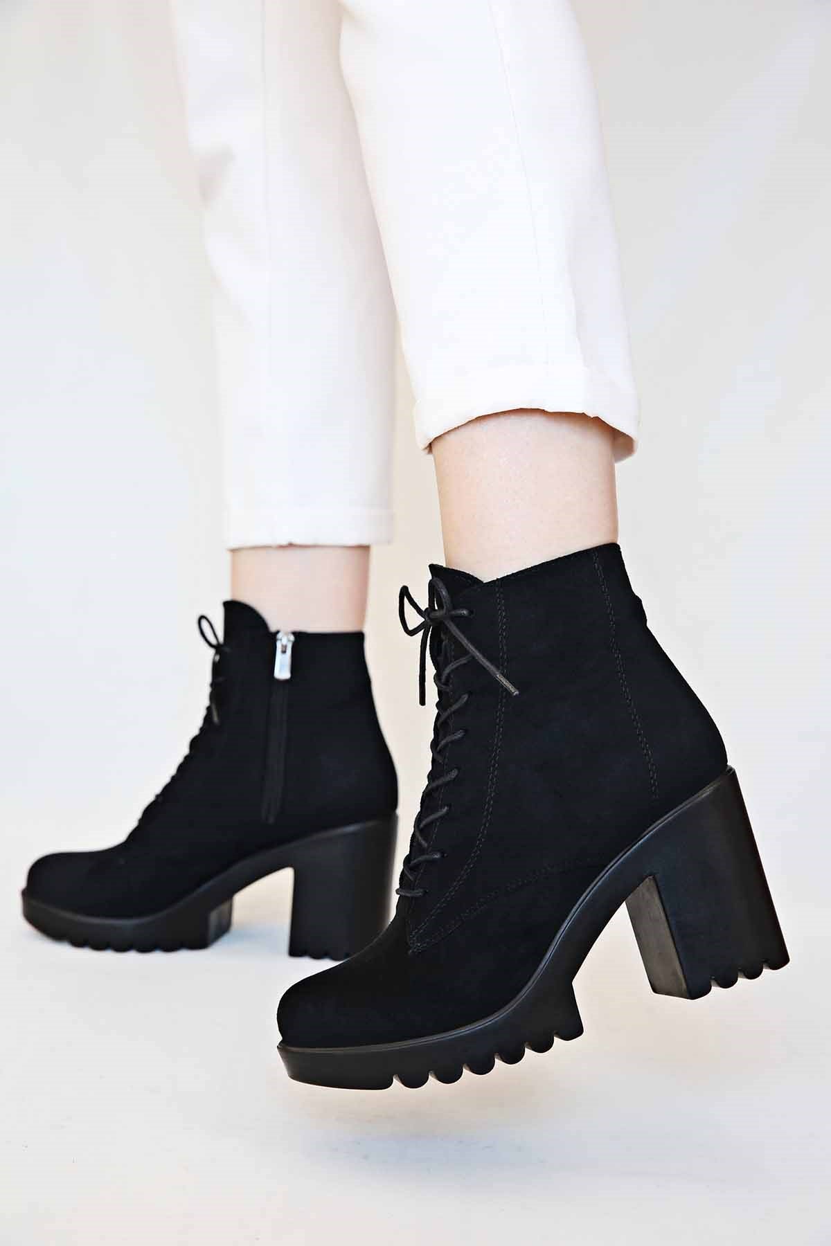 Bağcıklı Kadın Topuklu Bot SİYAH SÜET - Görsel 4