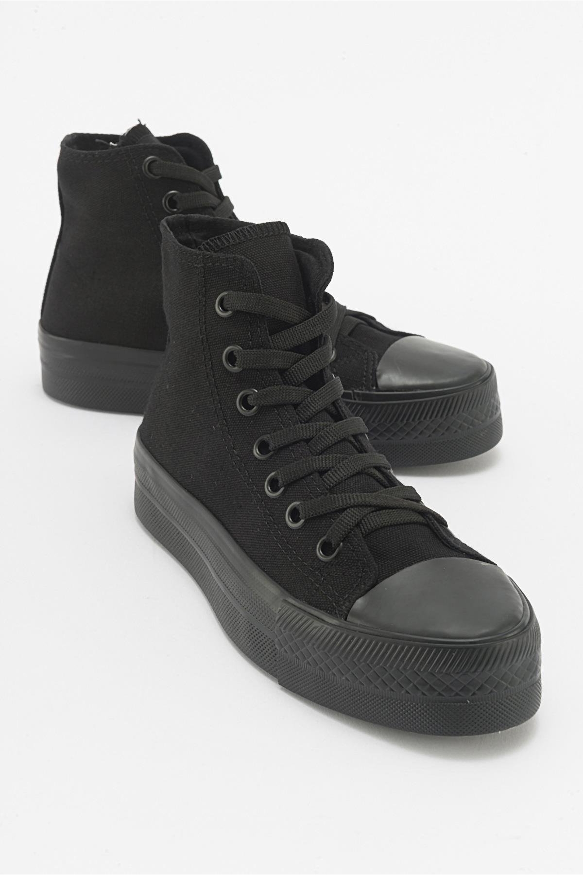 Kalın Tabanlı Uzun Keten Kadın Spor Ayakkabı SİYAH SİYAH - Görsel 2