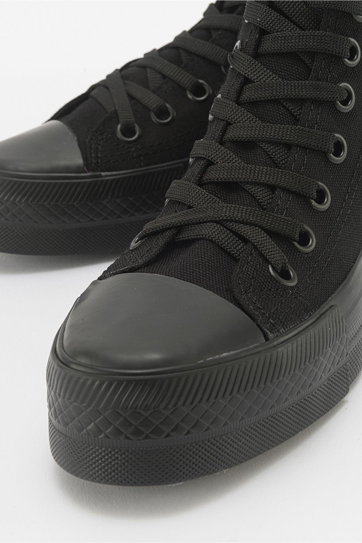 Kalın Tabanlı Uzun Keten Kadın Spor Ayakkabı SİYAH SİYAH - Görsel 4