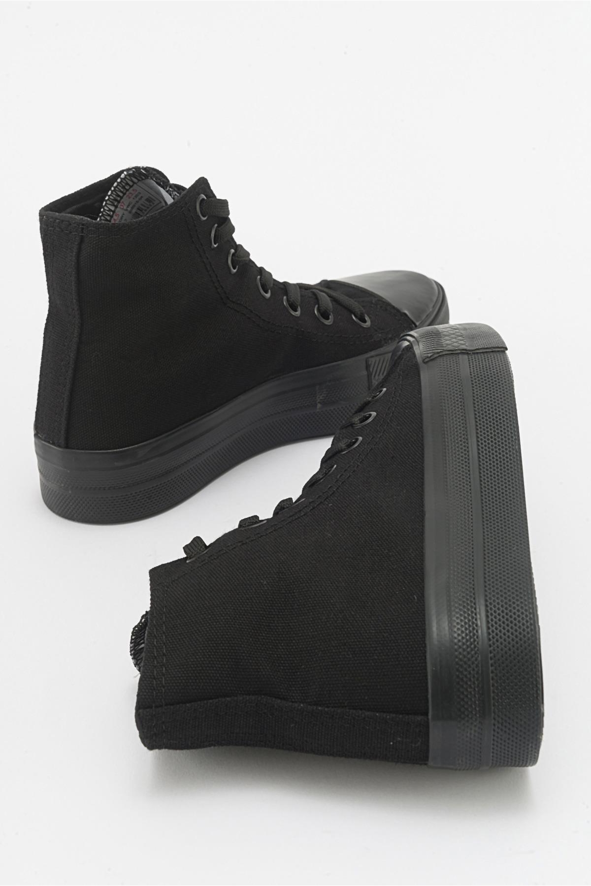 Kalın Tabanlı Uzun Keten Kadın Spor Ayakkabı SİYAH SİYAH - Görsel 5