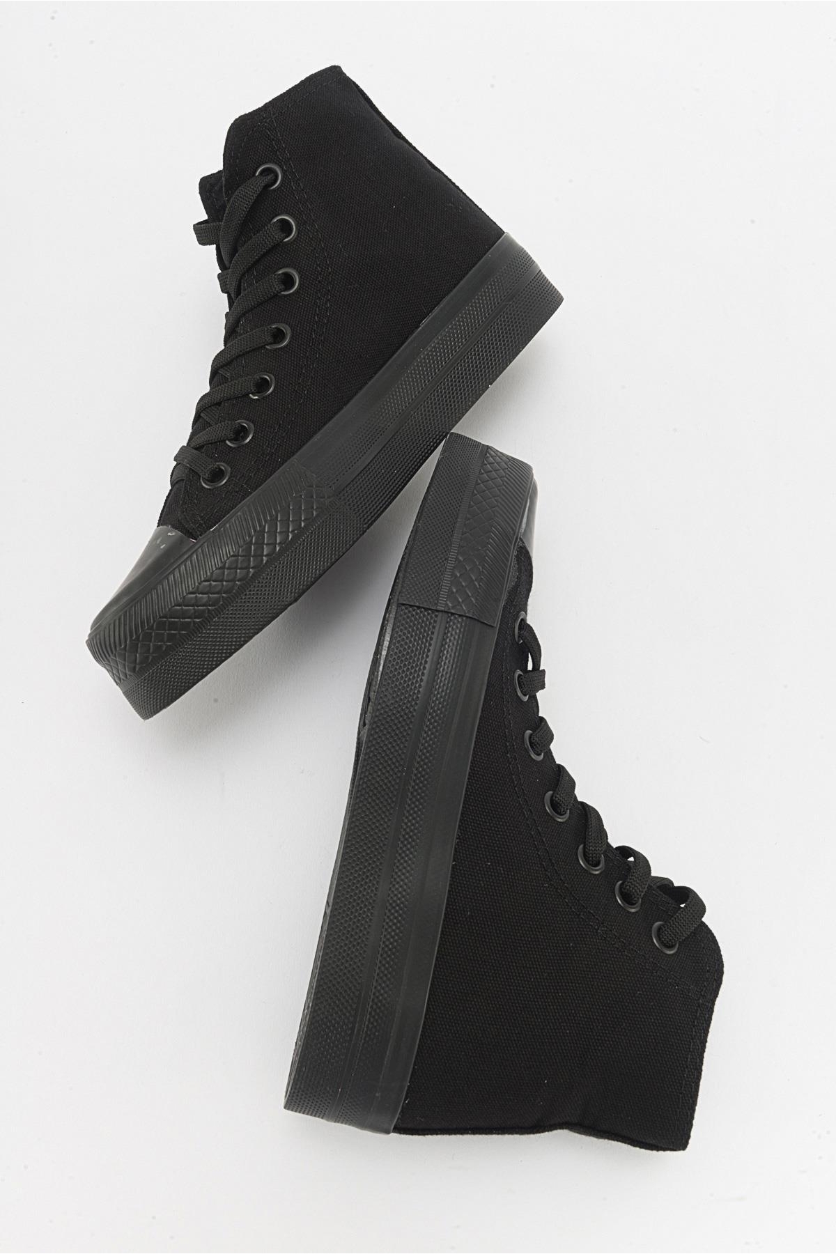 Kalın Tabanlı Uzun Keten Kadın Spor Ayakkabı SİYAH SİYAH - Görsel 7