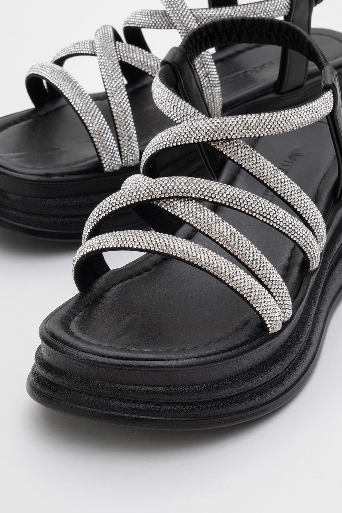 Kadın Çapraz Taşlı Lastikli Sandalet SİYAH - Görsel 4