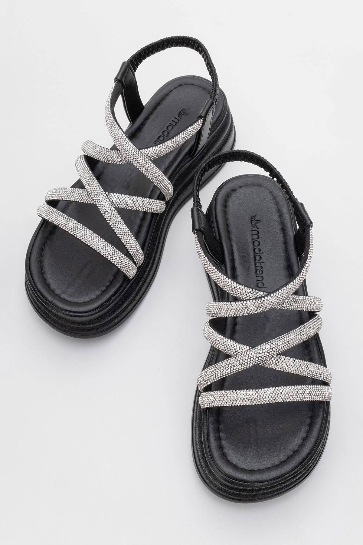 Kadın Çapraz Taşlı Lastikli Sandalet SİYAH - Görsel 6