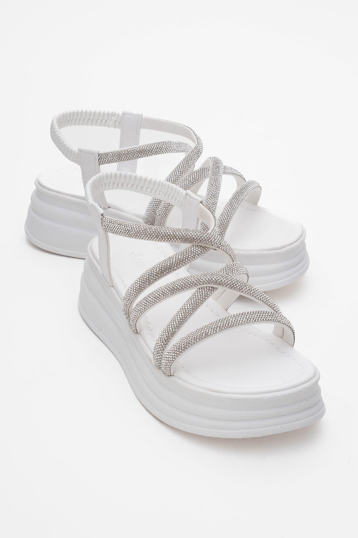 Kadın Çapraz Taşlı Lastikli Sandalet BEYAZ - Görsel 2