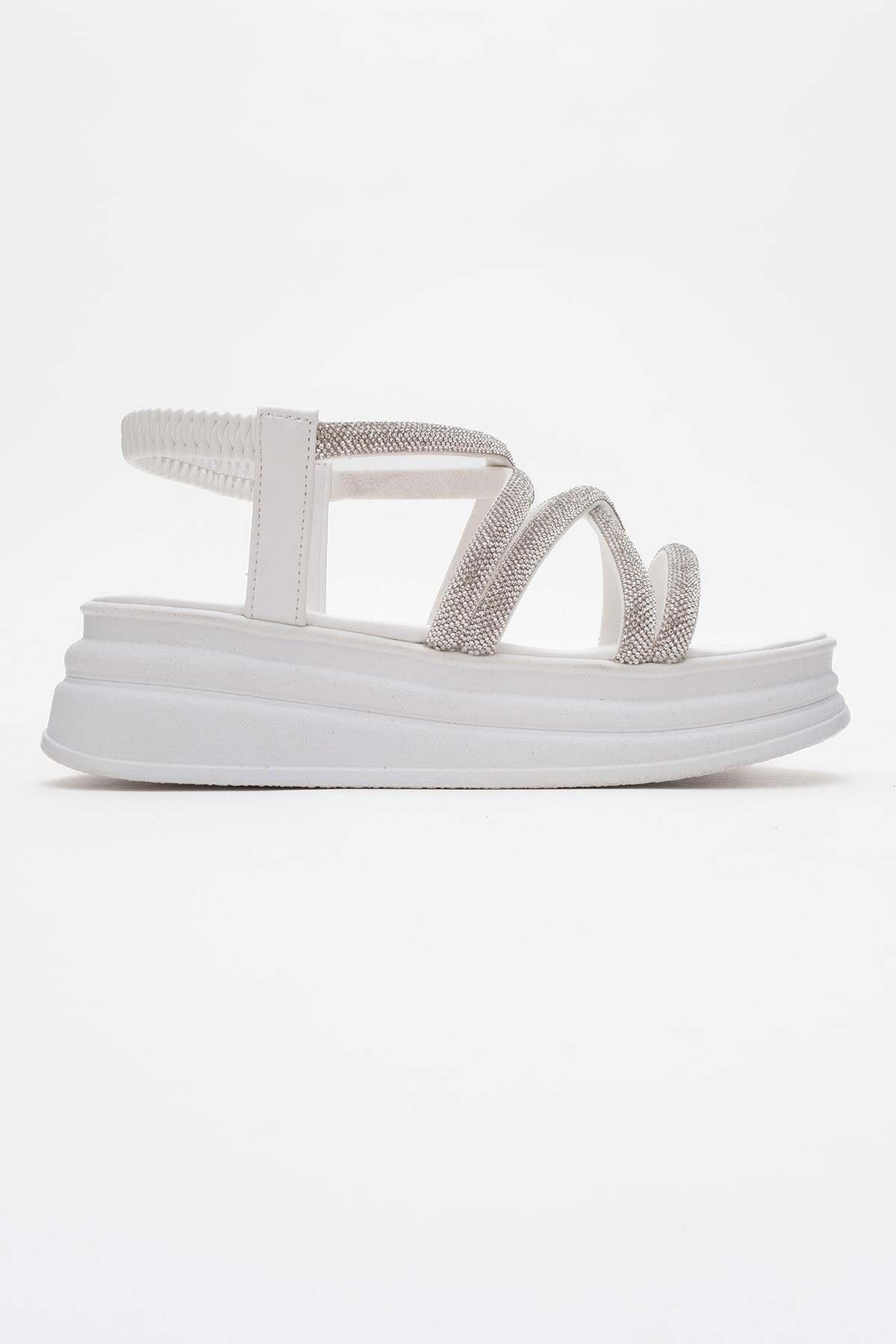 Kadın Çapraz Taşlı Lastikli Sandalet BEYAZ - Görsel 3