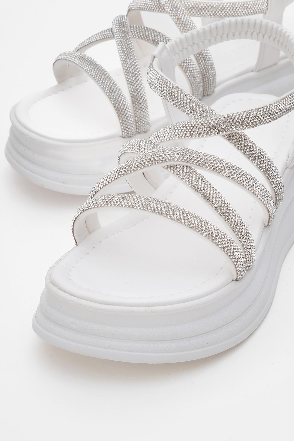 Kadın Çapraz Taşlı Lastikli Sandalet BEYAZ - Görsel 4