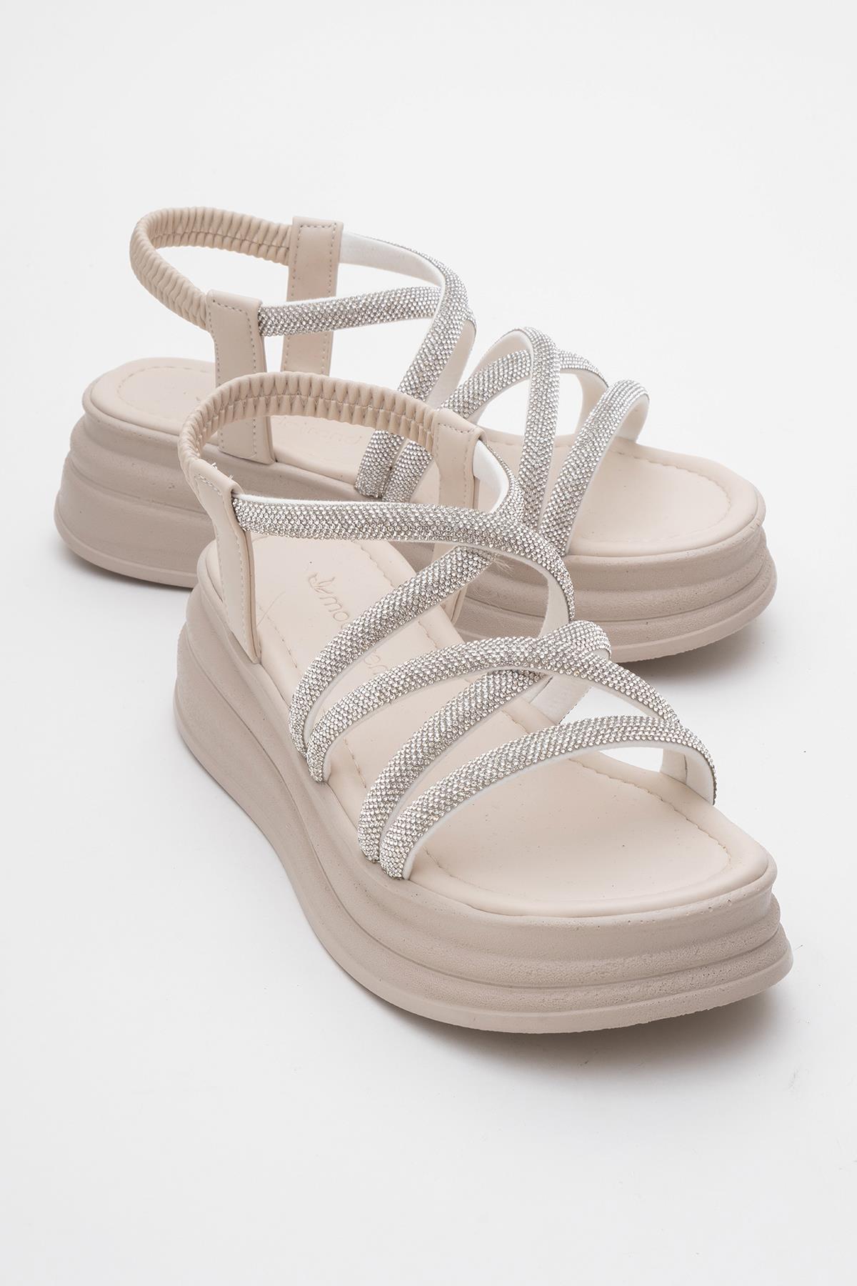 Kadın Çapraz Taşlı Lastikli Sandalet BEJ - Görsel 2