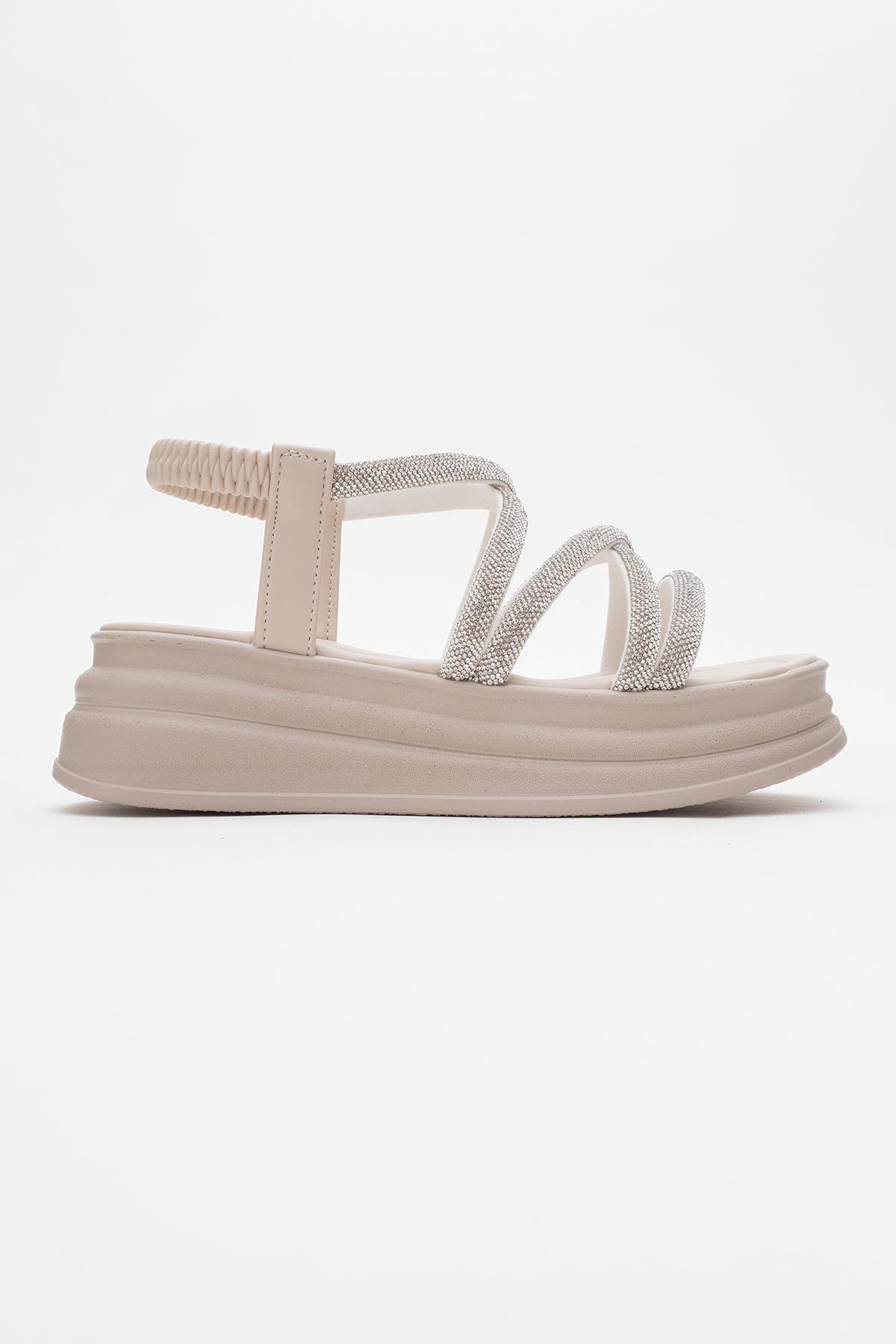 Kadın Çapraz Taşlı Lastikli Sandalet BEJ - Görsel 3