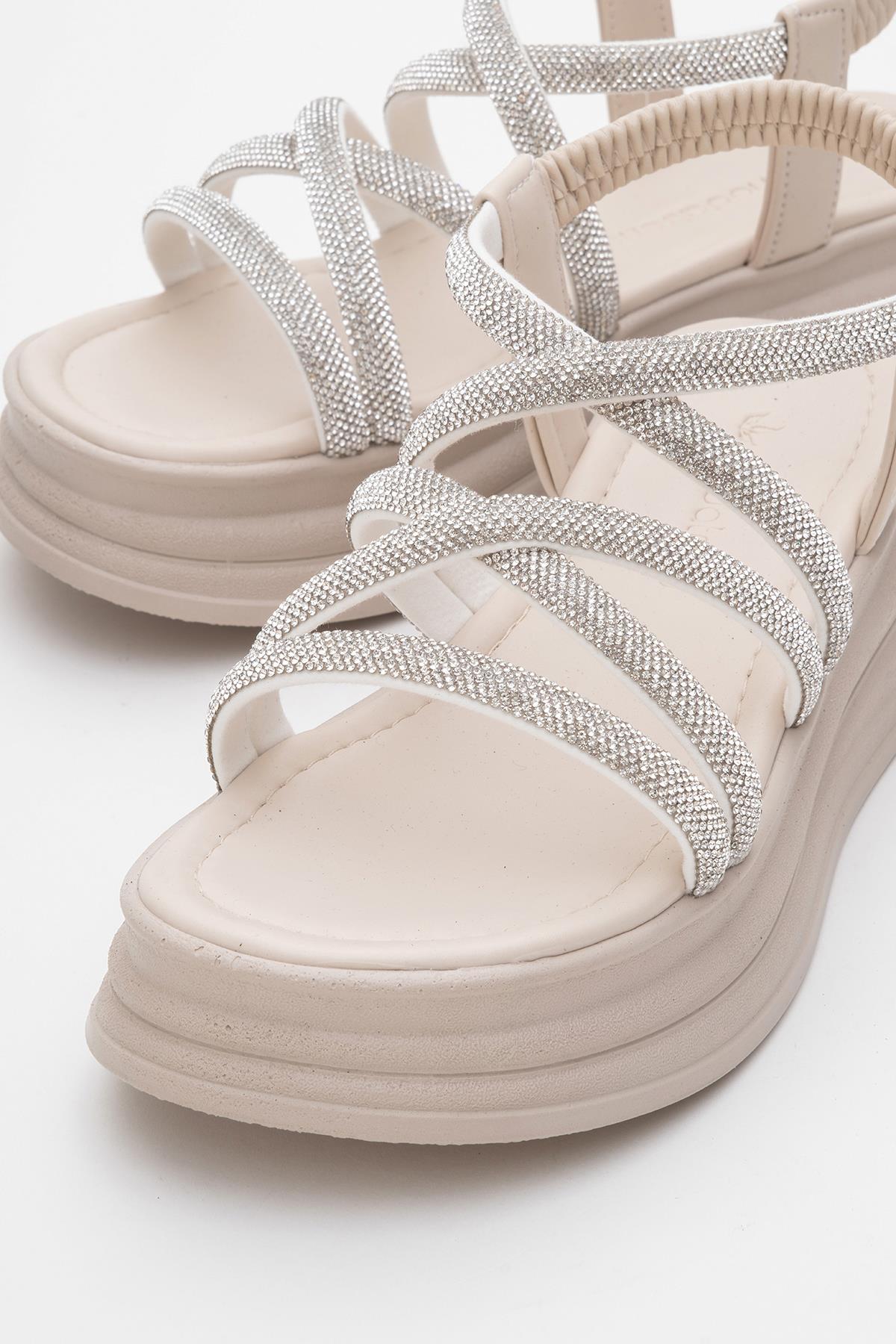 Kadın Çapraz Taşlı Lastikli Sandalet BEJ - Görsel 4
