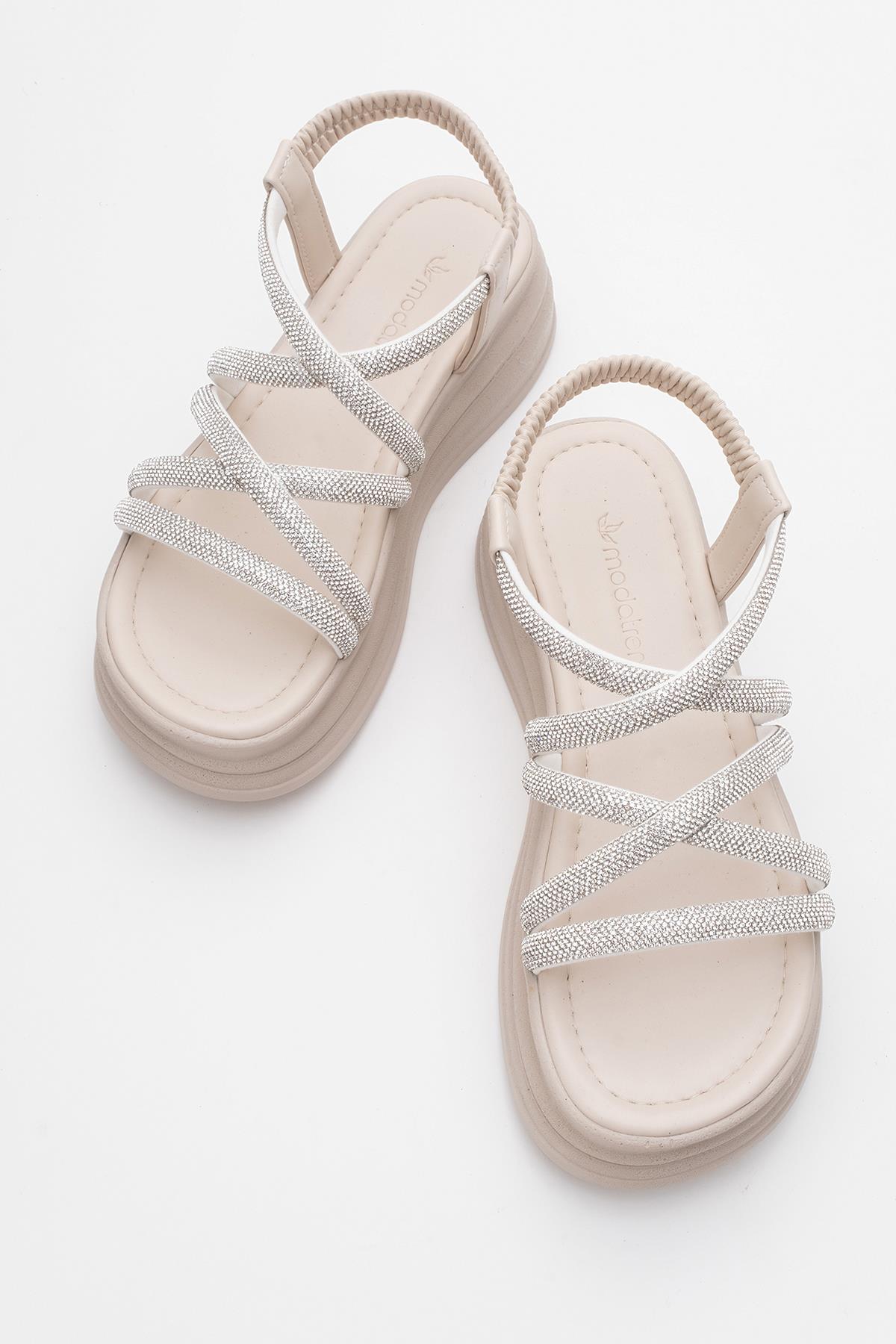 Kadın Çapraz Taşlı Lastikli Sandalet BEJ - Görsel 6