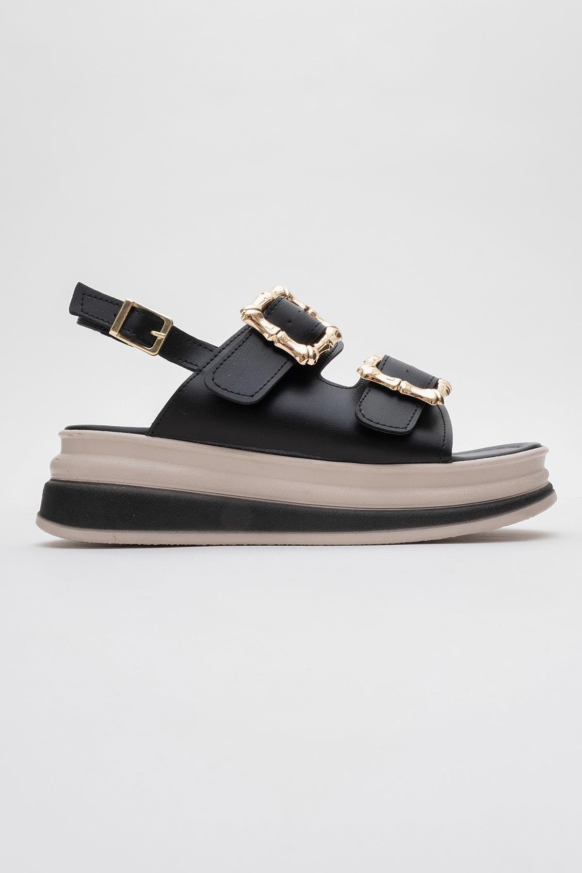 Kadın Altın Tokalı Sandalet SİYAH - Görsel 3