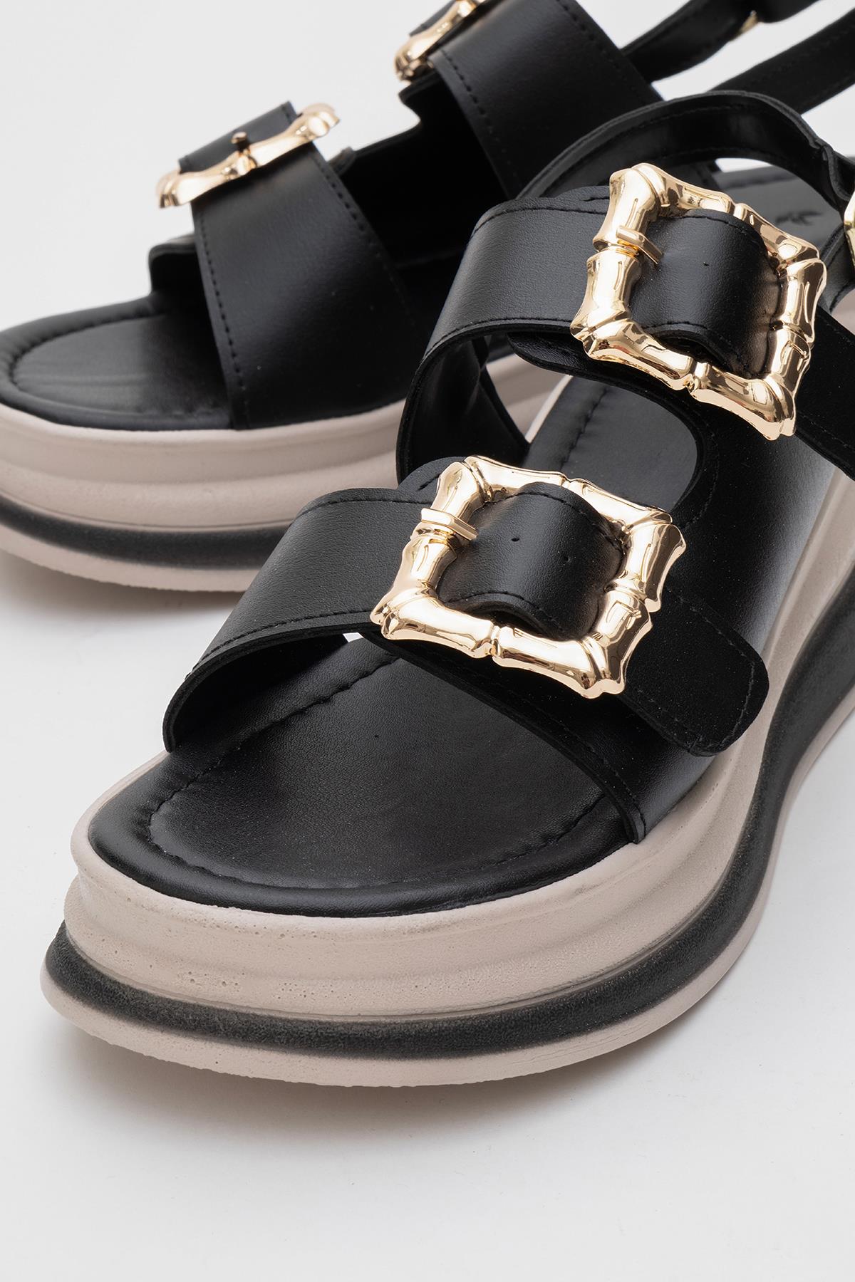 Kadın Altın Tokalı Sandalet SİYAH - Görsel 4