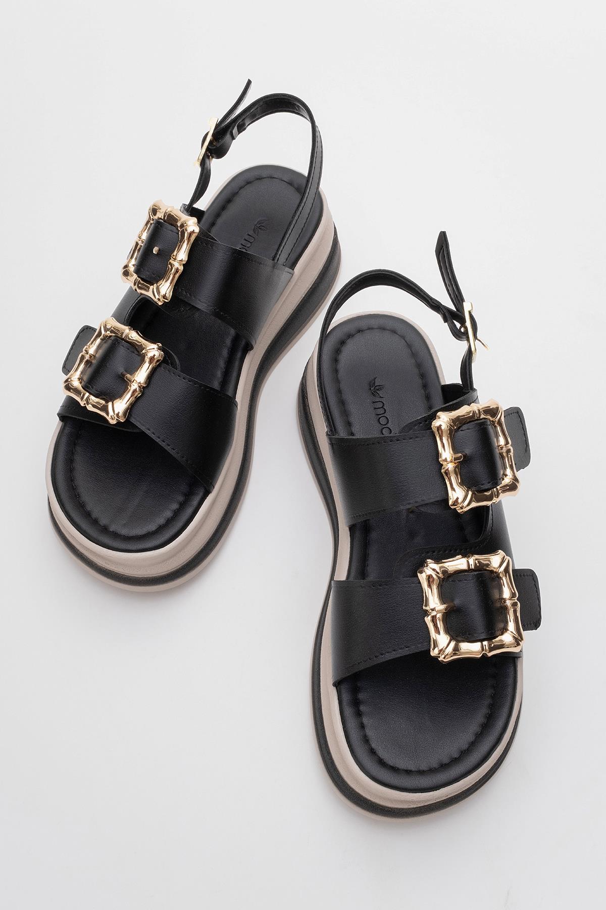 Kadın Altın Tokalı Sandalet SİYAH - Görsel 6