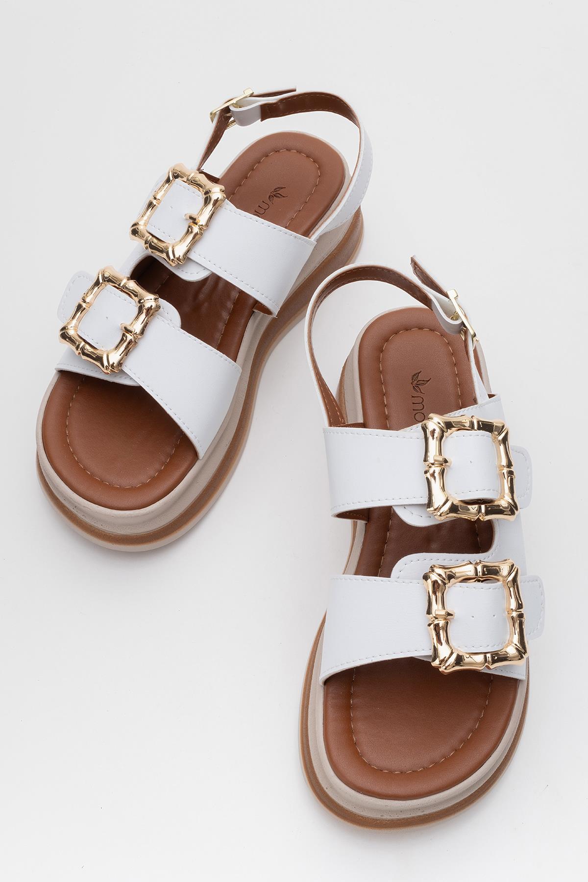 Kadın Altın Tokalı Sandalet BEYAZ - Görsel 6