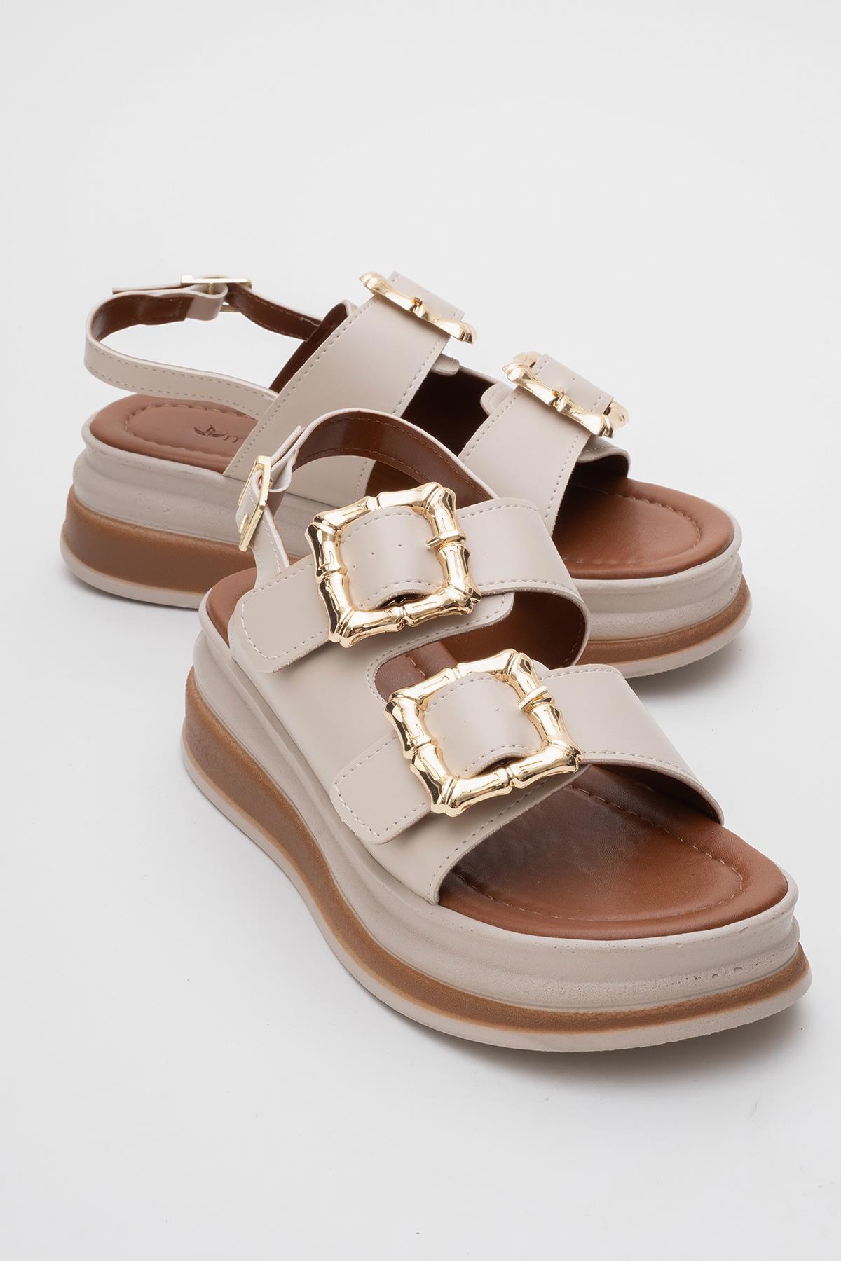 Kadın Altın Tokalı Sandalet BEJ - Görsel 2