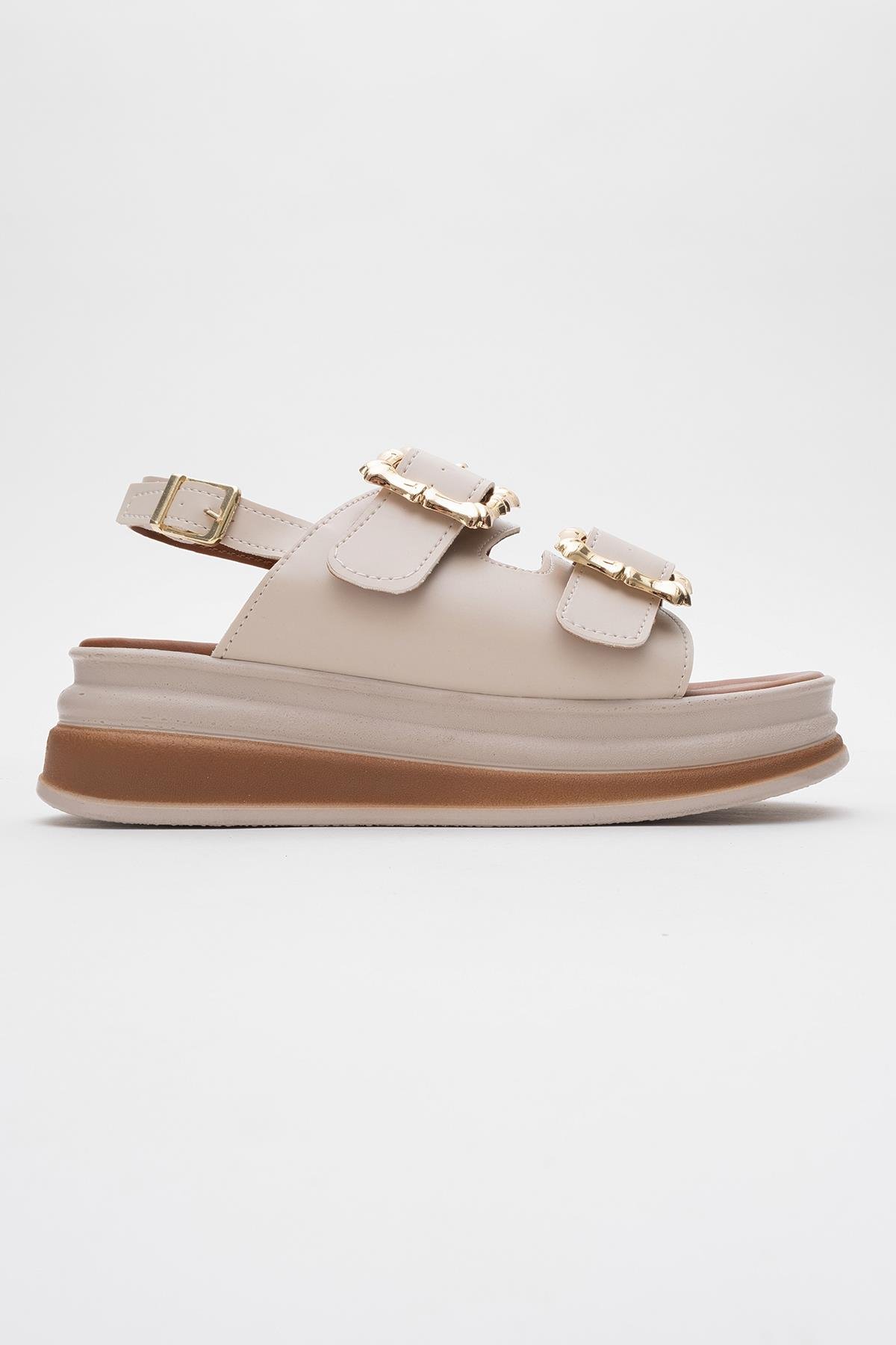 Kadın Altın Tokalı Sandalet BEJ - Görsel 3