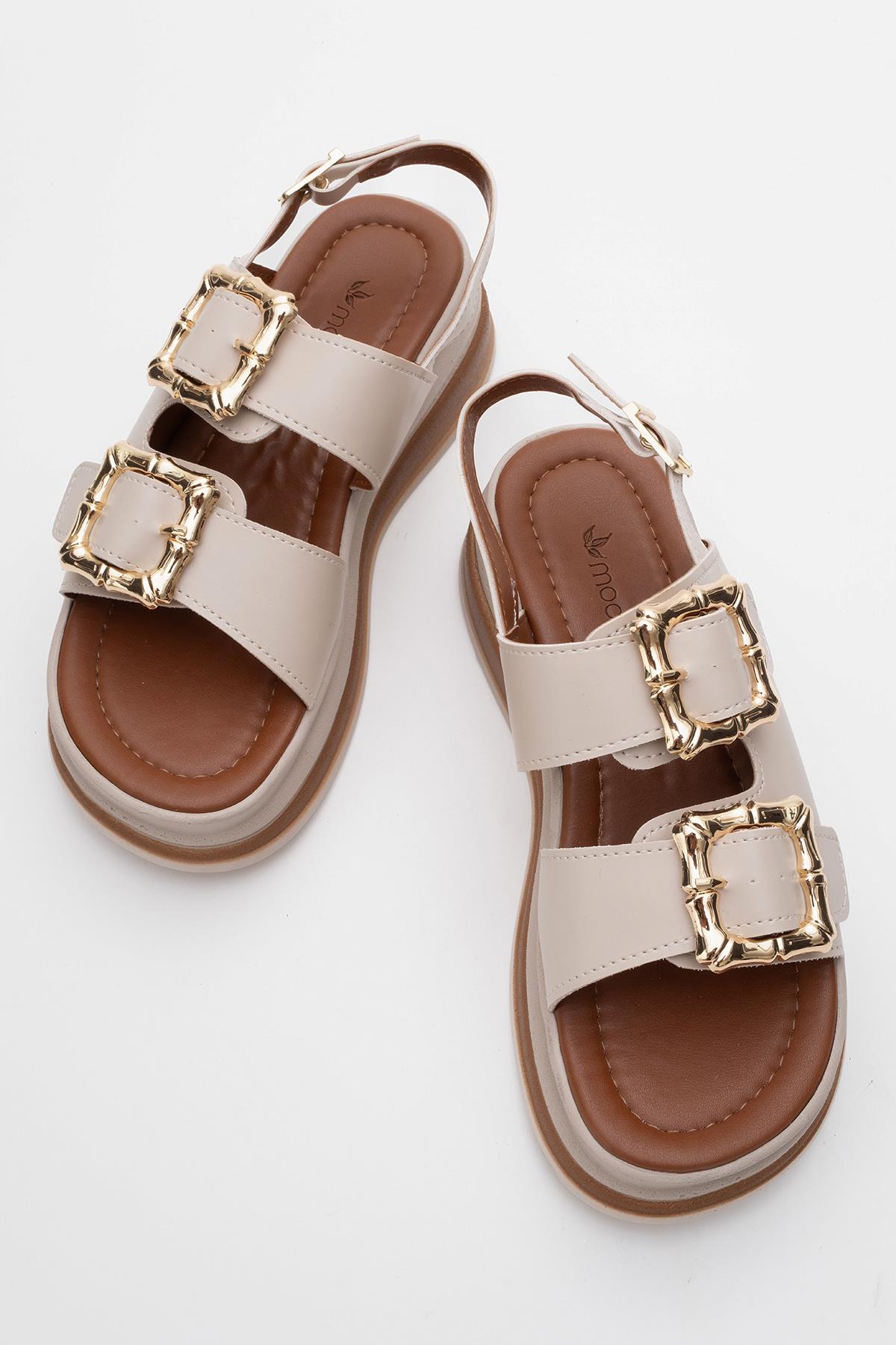 Kadın Altın Tokalı Sandalet BEJ - Görsel 6