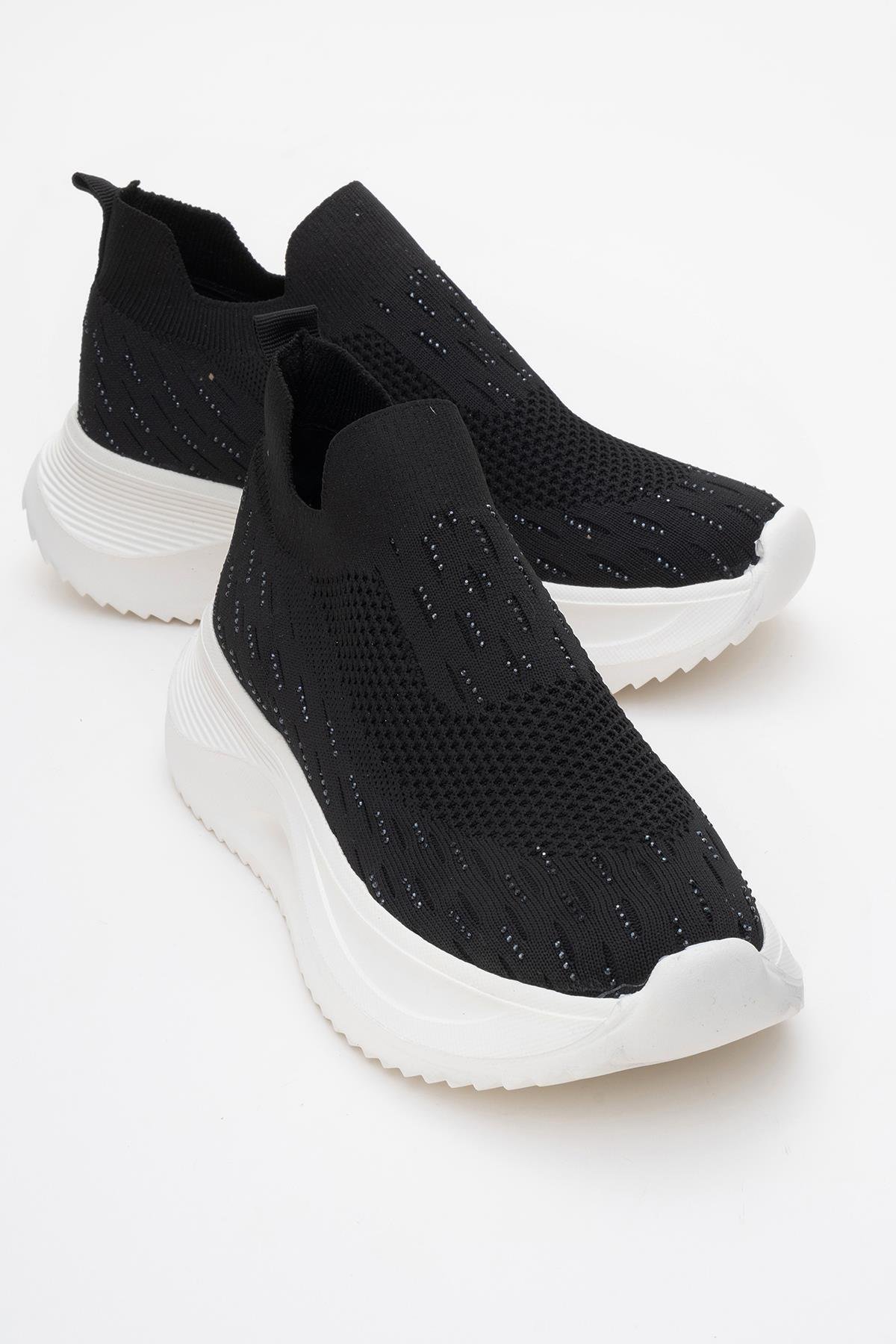 Kadın Triko Taşlı Spor Ayakkabı SİYAH BEYAZ - Görsel 2