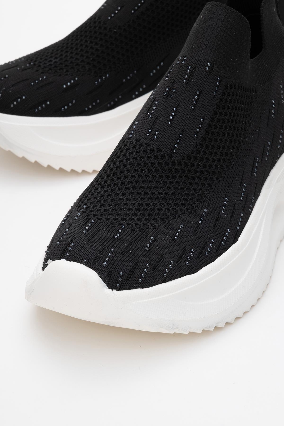 Kadın Triko Taşlı Spor Ayakkabı SİYAH BEYAZ - Görsel 4