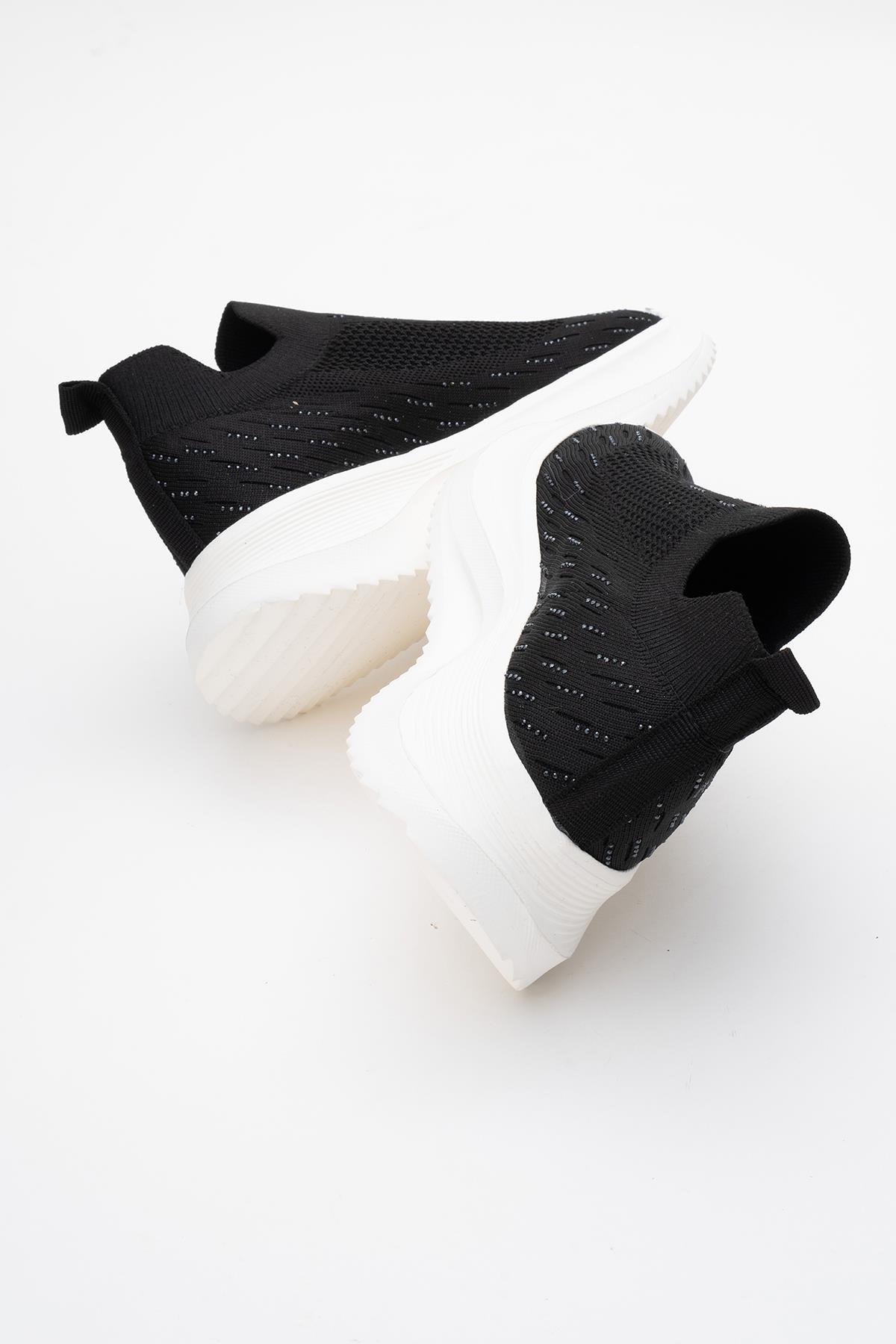 Kadın Triko Taşlı Spor Ayakkabı SİYAH BEYAZ - Görsel 5