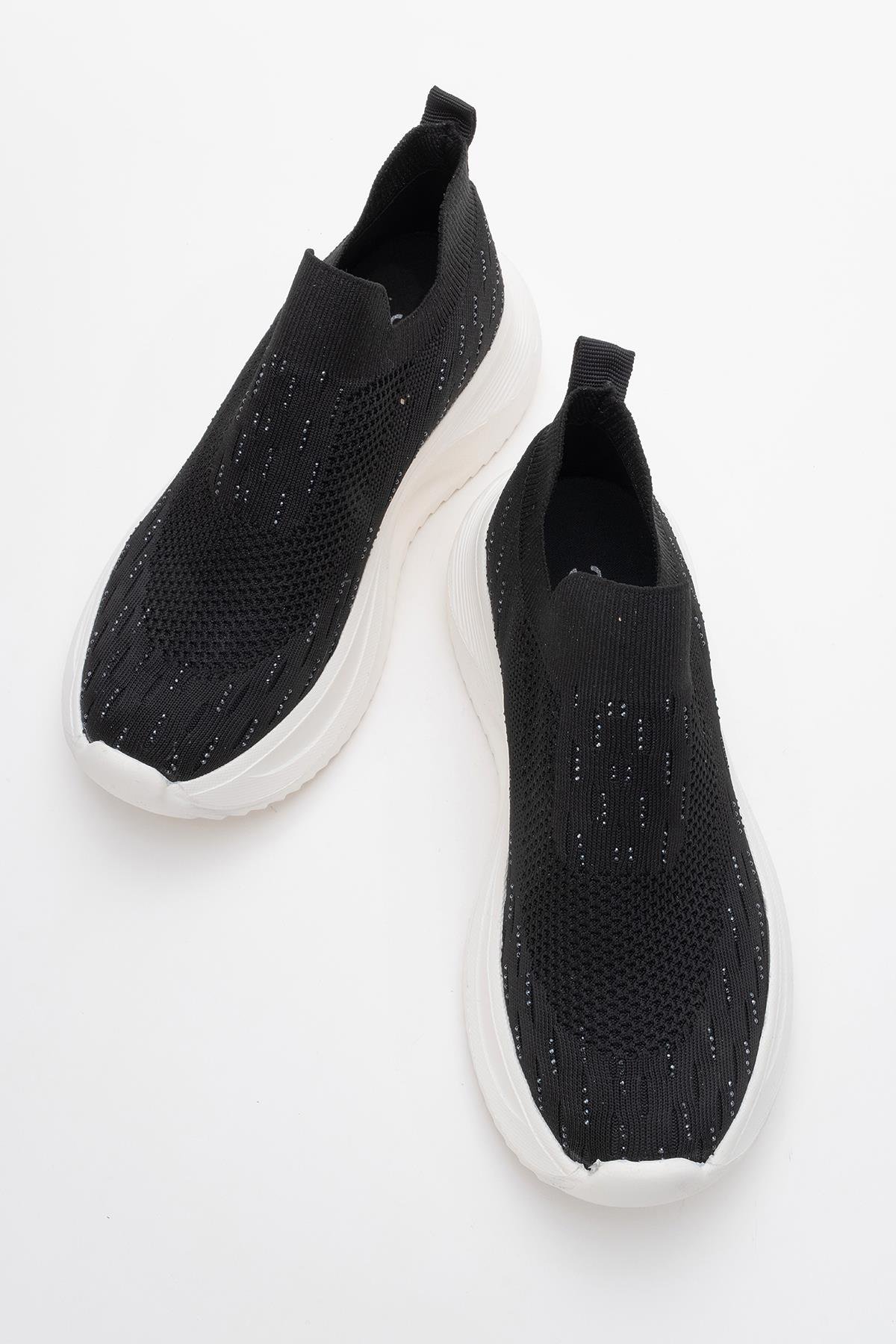 Kadın Triko Taşlı Spor Ayakkabı SİYAH BEYAZ - Görsel 6