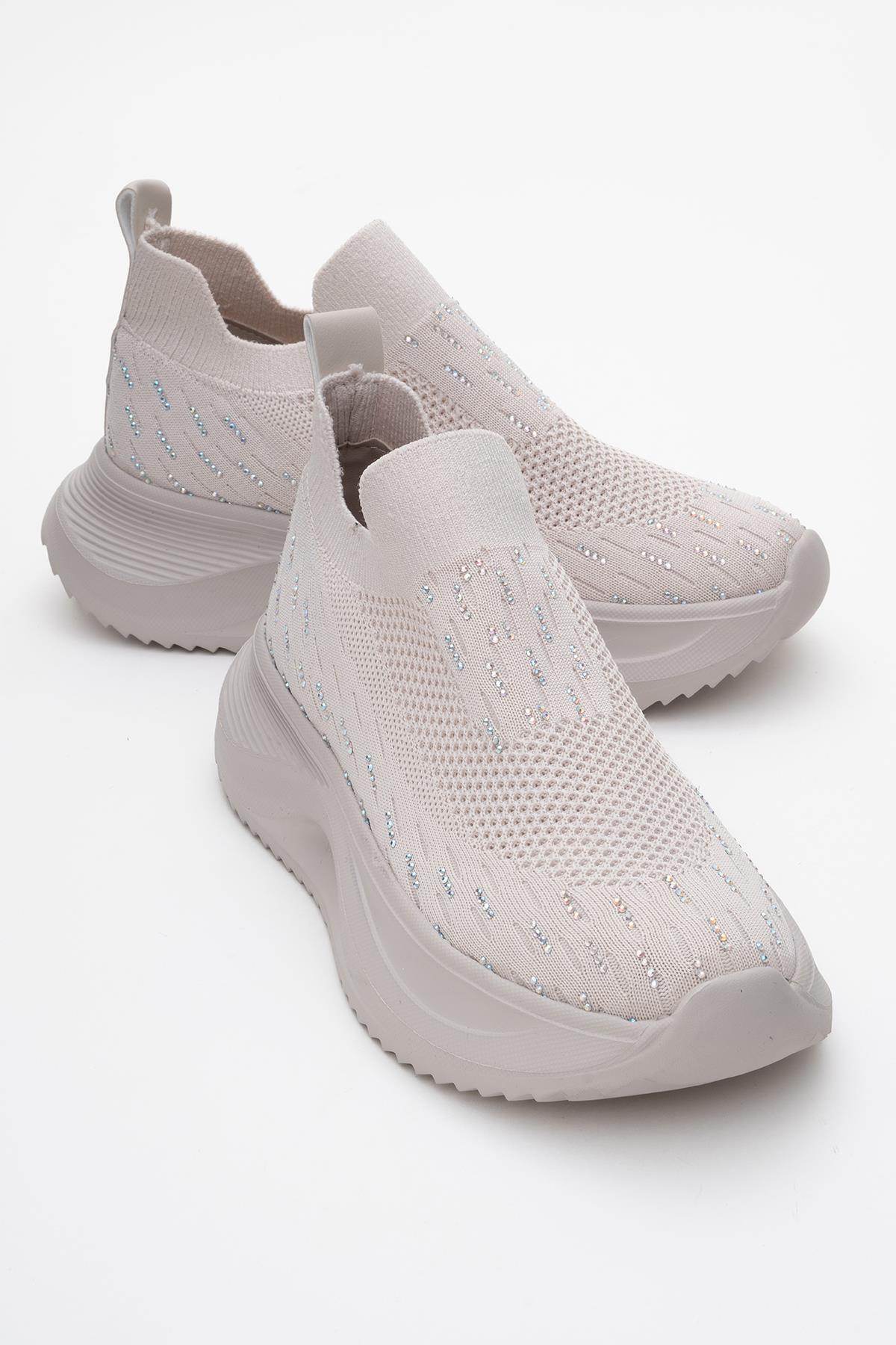 Kadın Triko Taşlı Spor Ayakkabı BEJ - Görsel 2